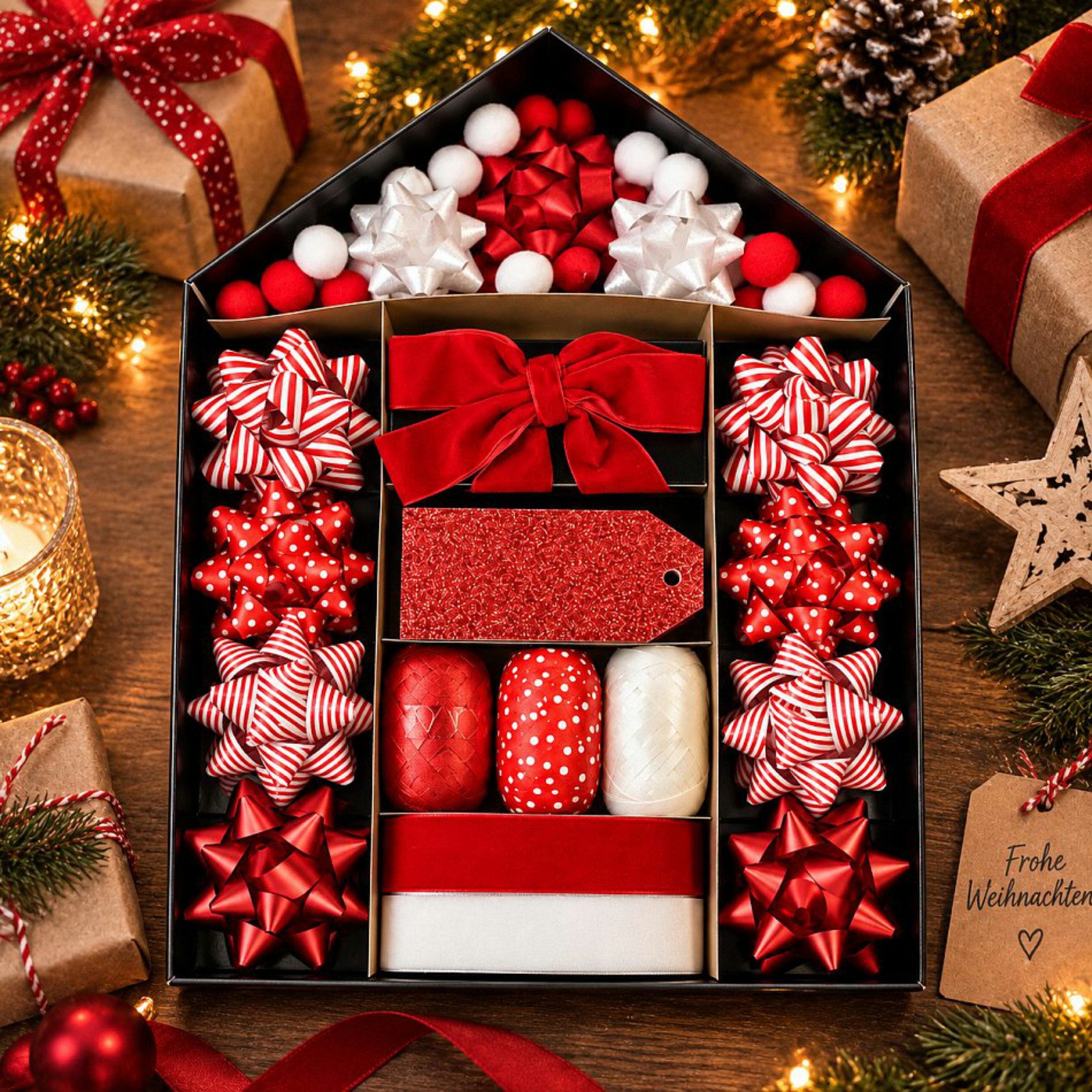 Koopman Geschenkband Geschenke-Set Geschenkedekoration 44tlg Weihnachten, Pompoms, Schneekugeln, Geschenkebänder, Anhänger
