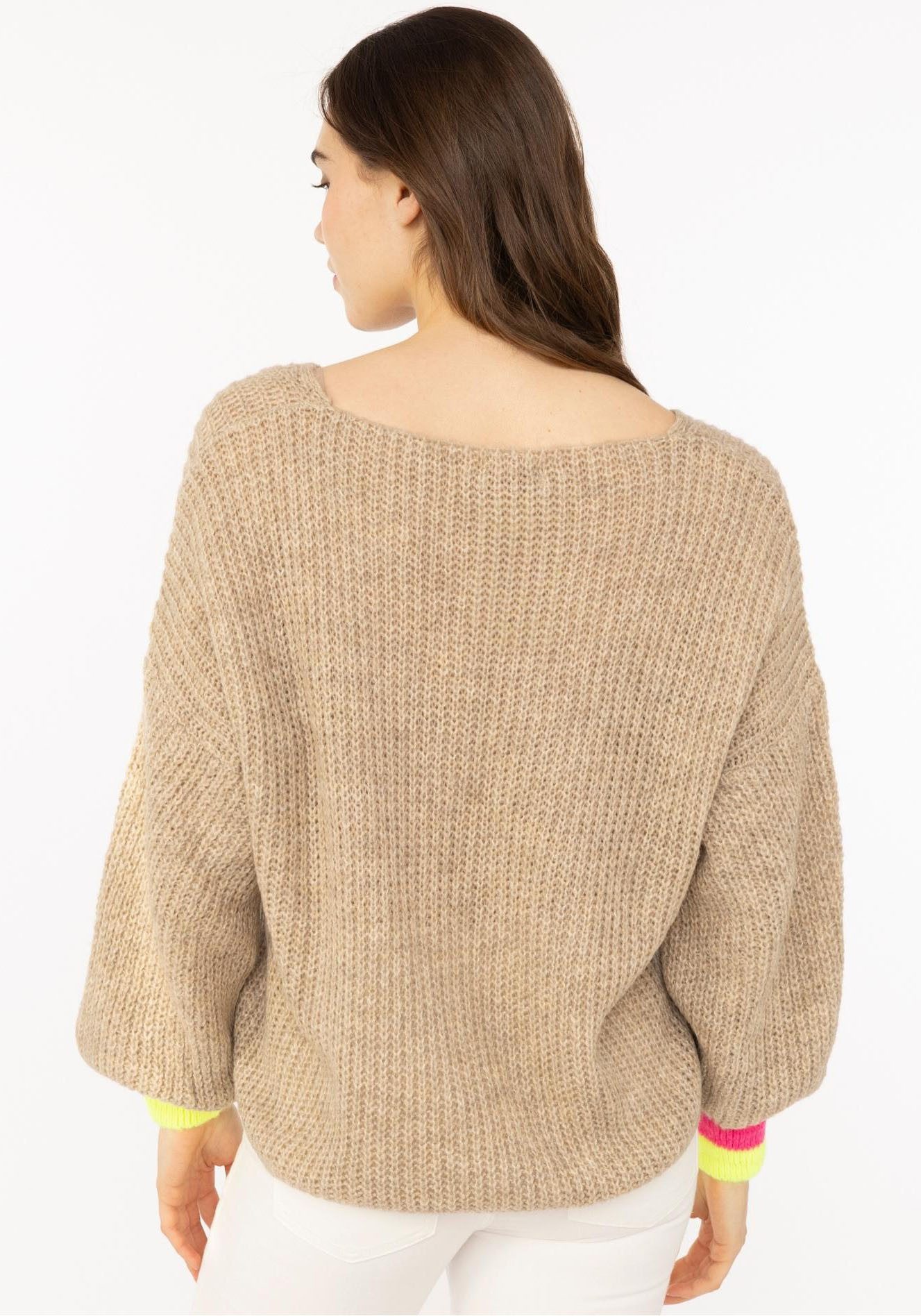 Zwillingsherz Strickpullover "Smile" Langarm, One Size, V-Ausschnitt, Neon-Details, Schriftzug