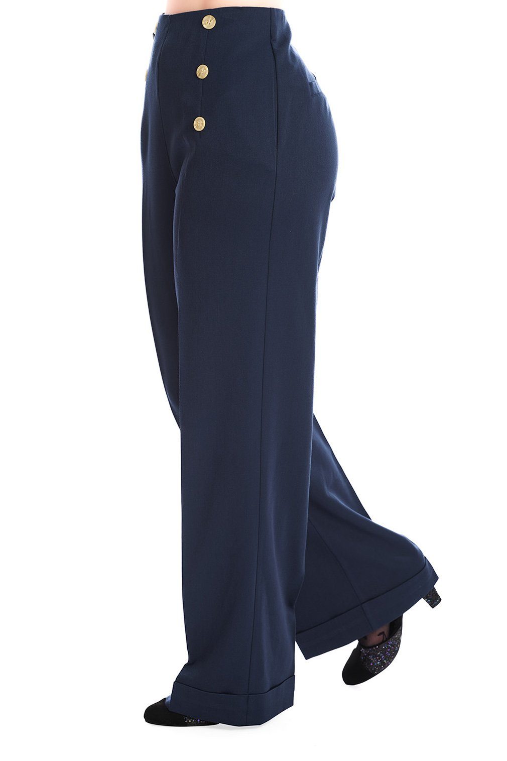 Banned Marlene-Hose Retro Adventures Ahead Navy Blau Vintage Trousers 40er günstig online kaufen