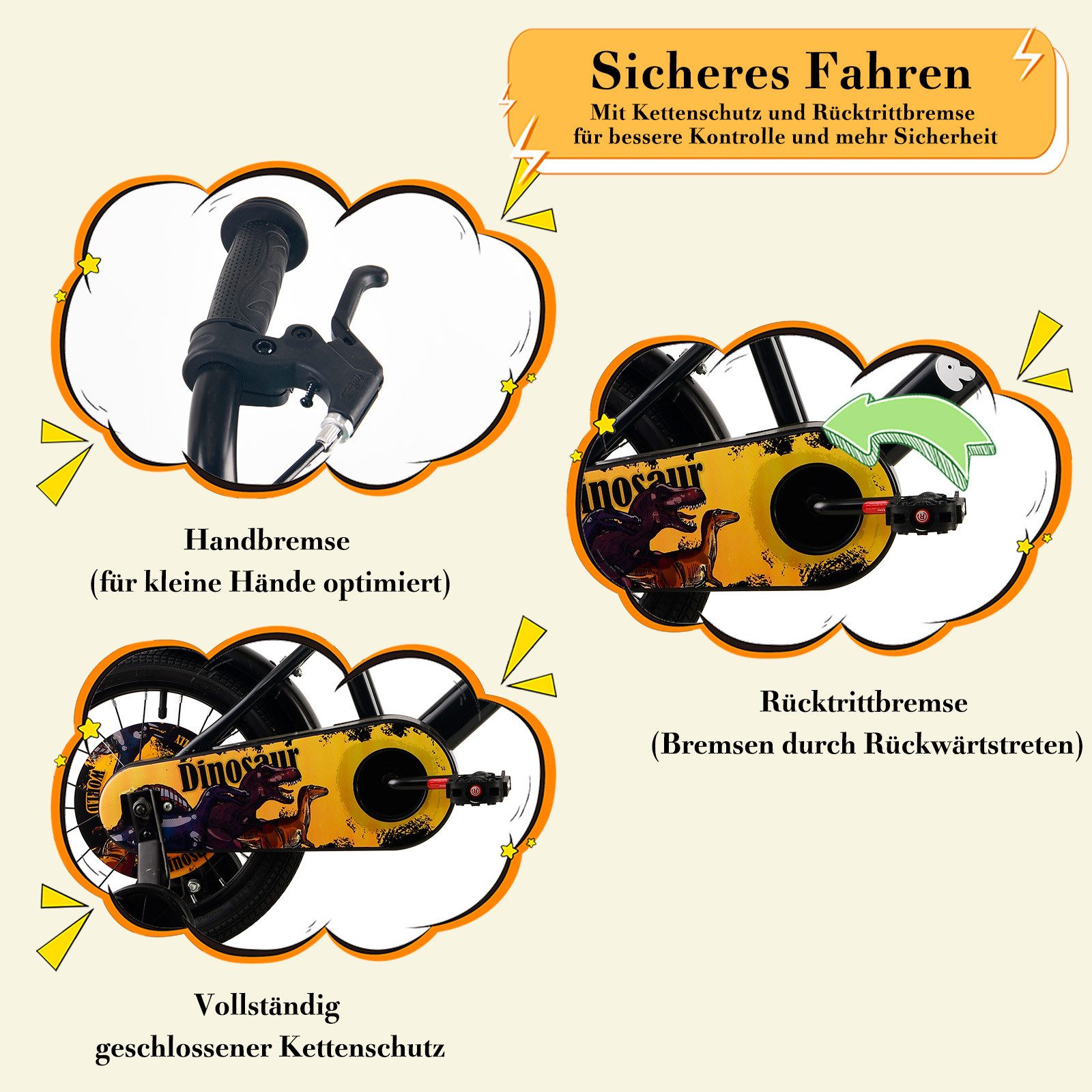 Vankel Kinderfahrrad 12-16 Zoll, ab 2 Jahren, BMX-Design, mit Stützrädern & Rücktrittbremse, 1 Gang, Jungenfahrrad mit Korb, Schutzbleche, Kettenschutz – Bild 3 von 5