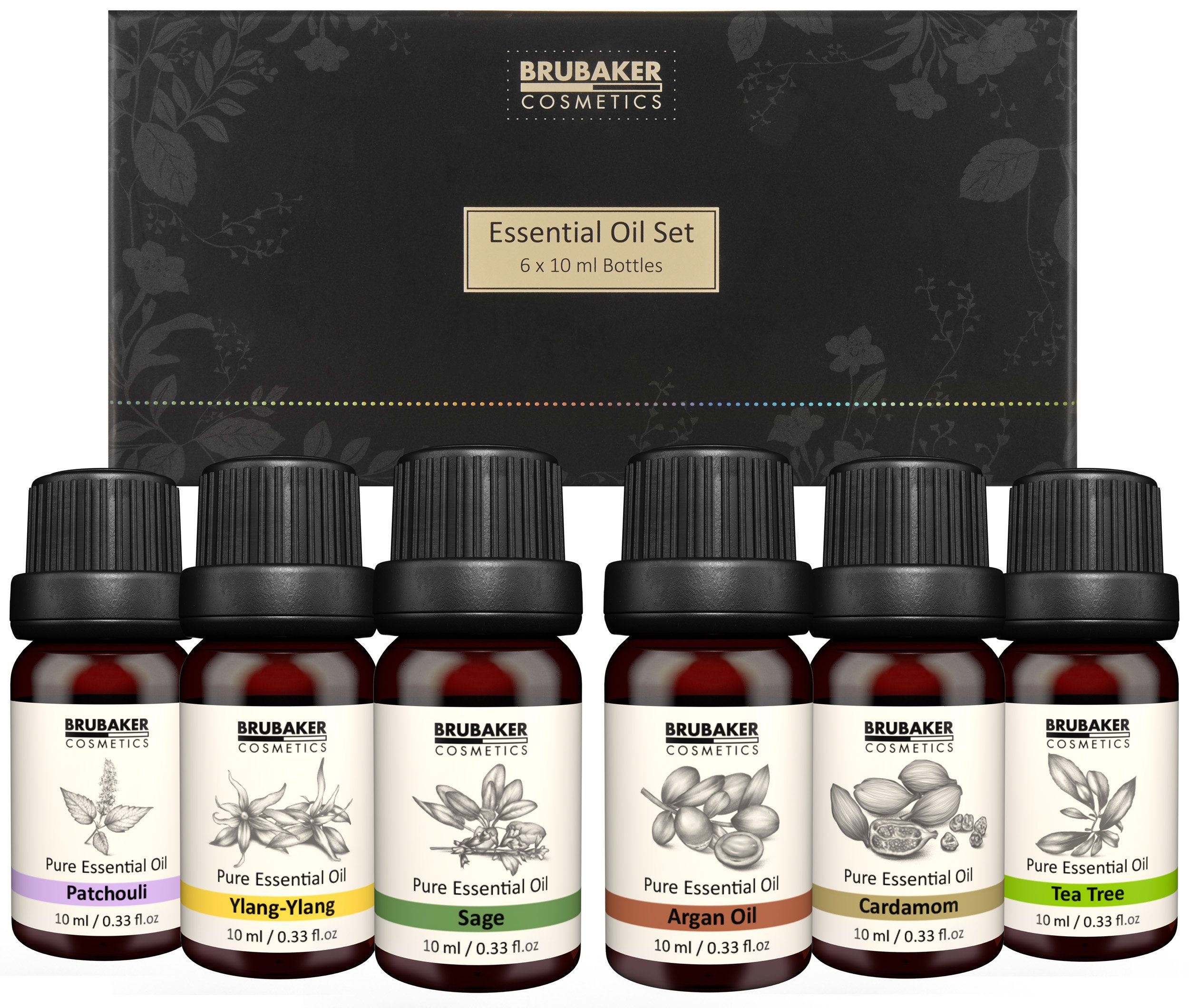 BRUBAKER Duftöl 6er-Set Ätherische Öle Aromatherapieöle 6 x 10 ml Naturrein (Duftöl für Diffusor Luftbefeuchter, Patchouli Salbei Ylang-Ylang Kardamom Argan Teebaum), Ätherische Öle Aromatherapie Geschenkset