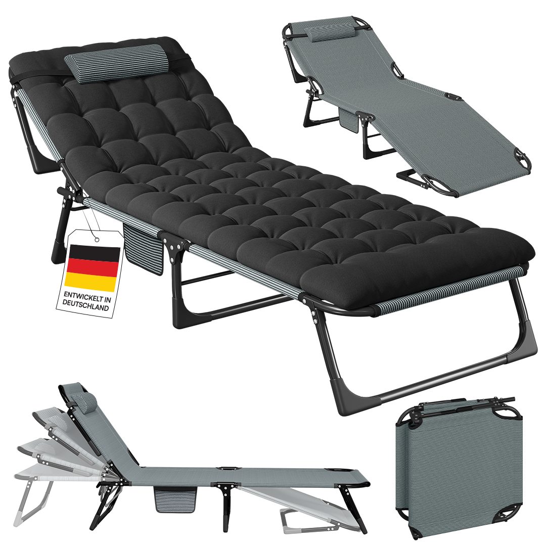 STEELSØN Gartenliege Nysaris klappbare Sonnenliege mit Polsterauflage, schwarz, Outdoor-Liegestuhl wetterfest, platzsparende Campingliege