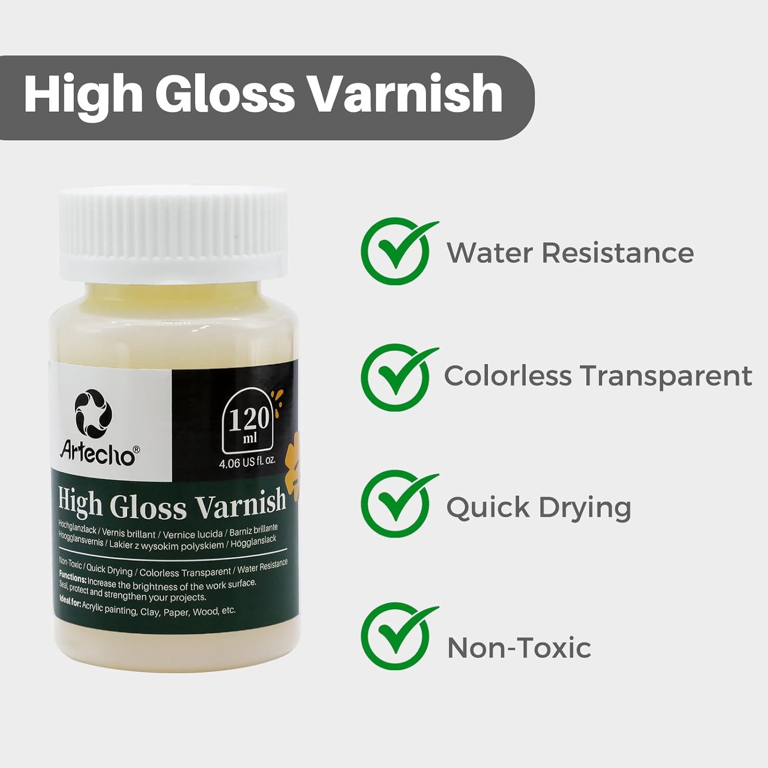 Artecho Firnis Acryllack Hochglanz 120 ml – transparenter Klarlack, Acrylfirnis, schnelltrocknender Schutzlack für Acrylmalerei, Holz & Leinwand