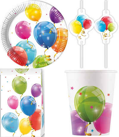 Procos Einweggeschirr-Set 32-tlg Set Kindergeburtstag Party Feier Deko Motto Luftballon glänzend (32-tlg), 8 Personen, Pappe