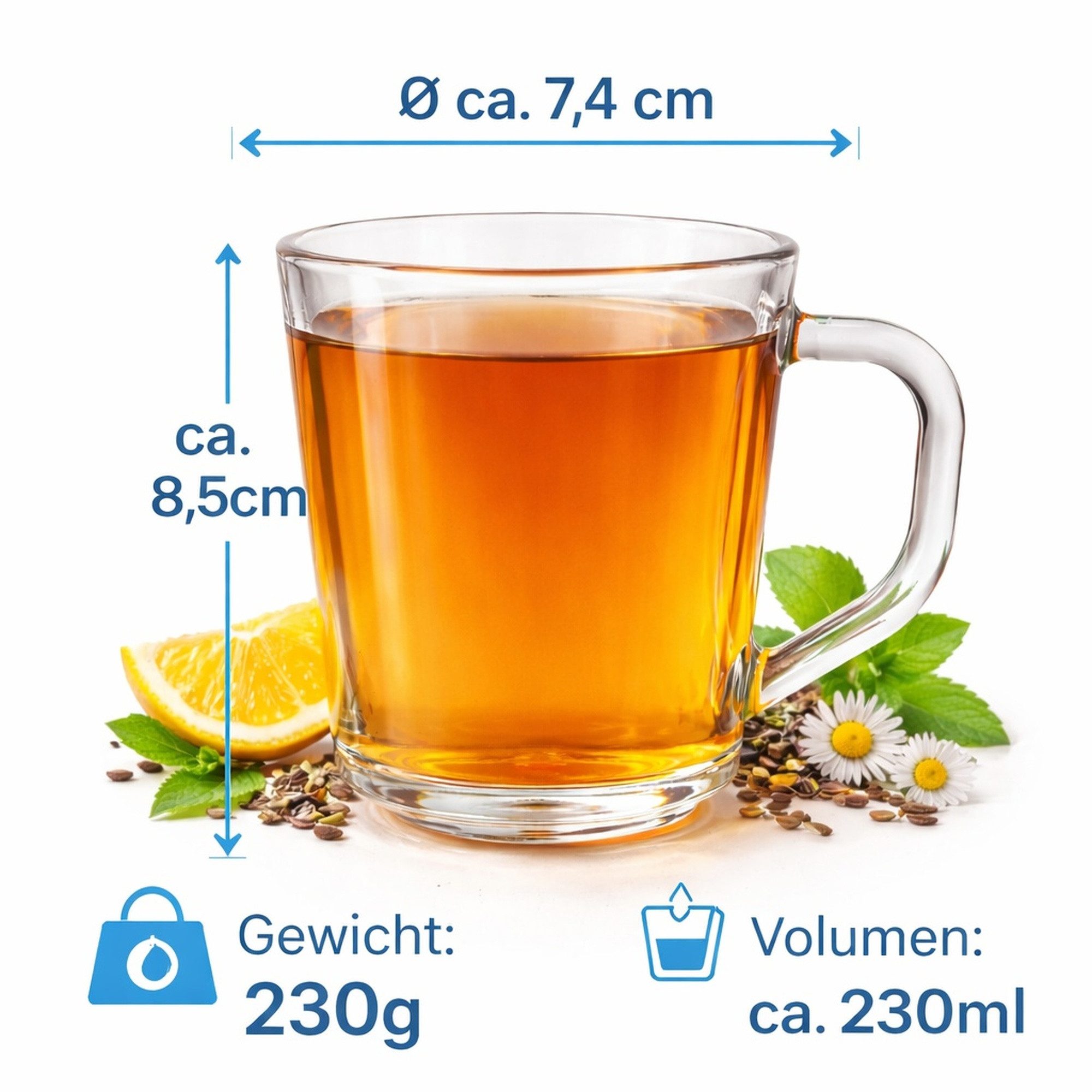 BigDean Teeglas 6 Stück Teegläser Set Teegläser mit Henkel 230 ml Kaffee Gläser robust, 6-tlg., Glas, Vielseitig, Spülmaschinengeeignet, Mikrowellengeeignet
