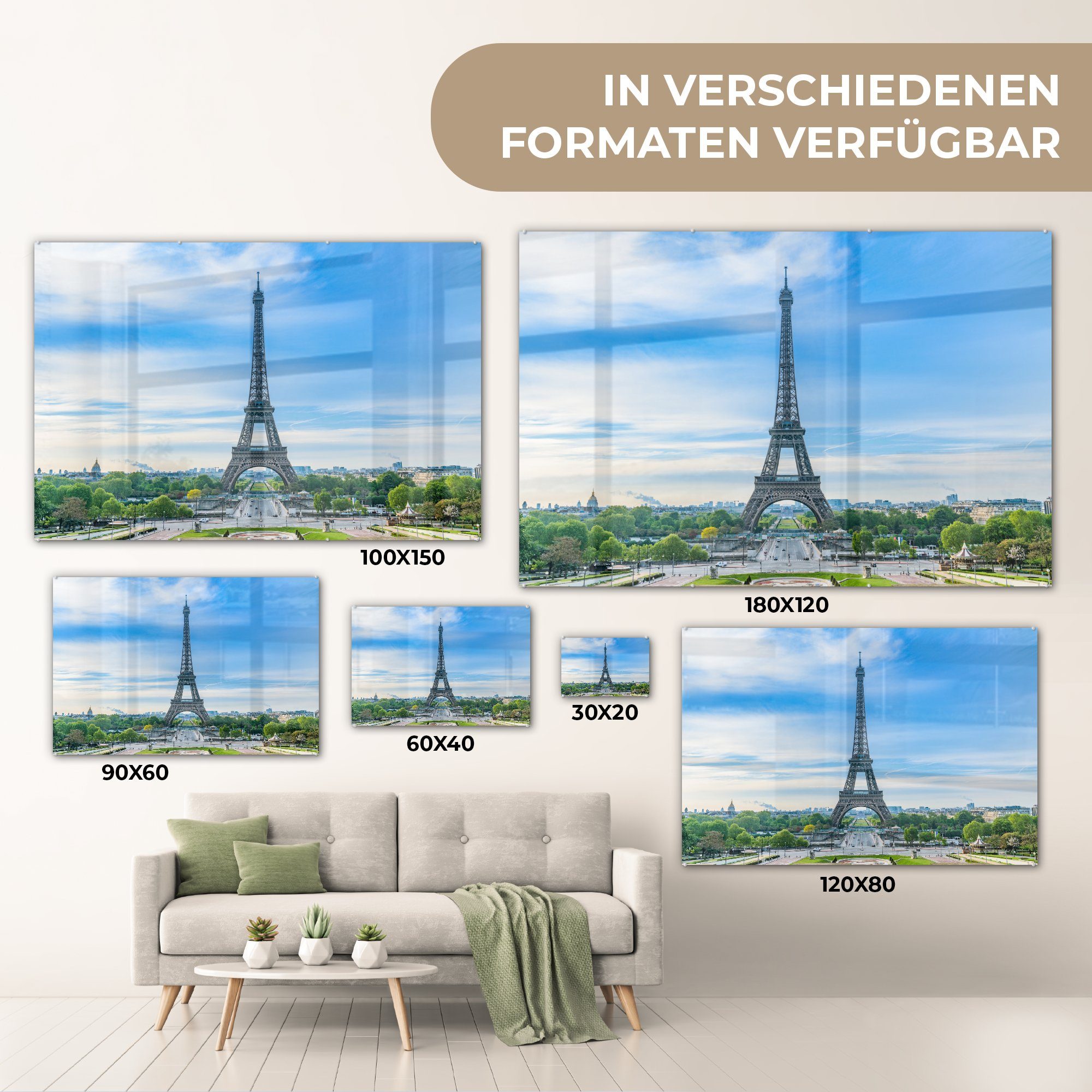 Wohnzimmer unter Himmel, St), Eiffelturm Acrylglasbilder Acrylglasbild (1 Schlafzimmer MuchoWow & blauem