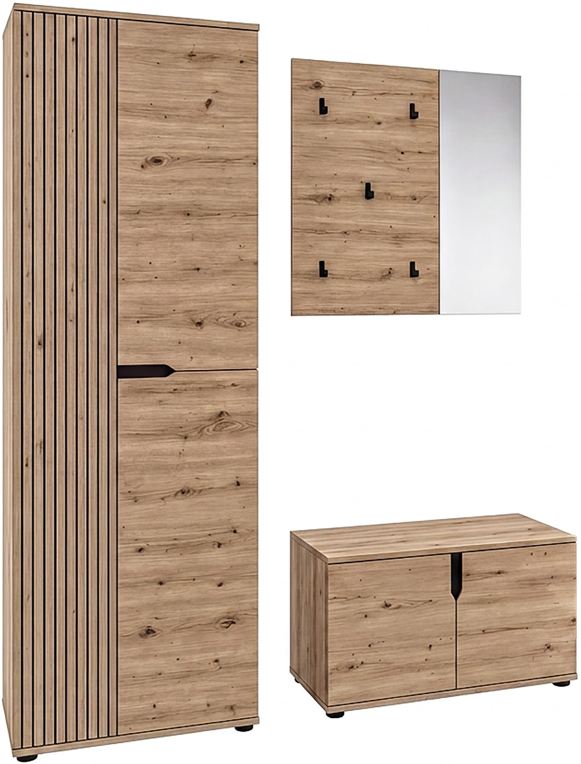 OTTO home Garderoben-Set FJELL, 3-teilig, Breite 160cm, Front mit hochwertiger Längsfräsung, (bestehend aus: Garderobenschrank, Sitzbank & Paneel), Garderobenkombination, Kombination, Set, Garderobe, Flurgarderobe