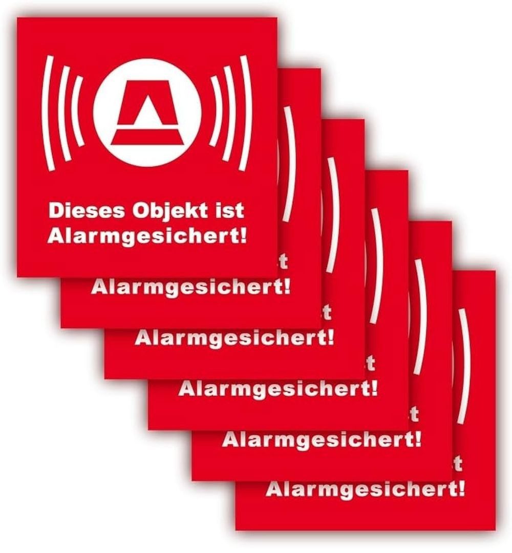 LYSCO Aufkleber Folienaufkleber Alarm rot, weiß oder hinter Glas Größe 5 x 5 cm, (langanhaltend, einfach ablösbar, 12tlg), Beschriftung: Dieses Objekt ist ALARMGESICHERT!