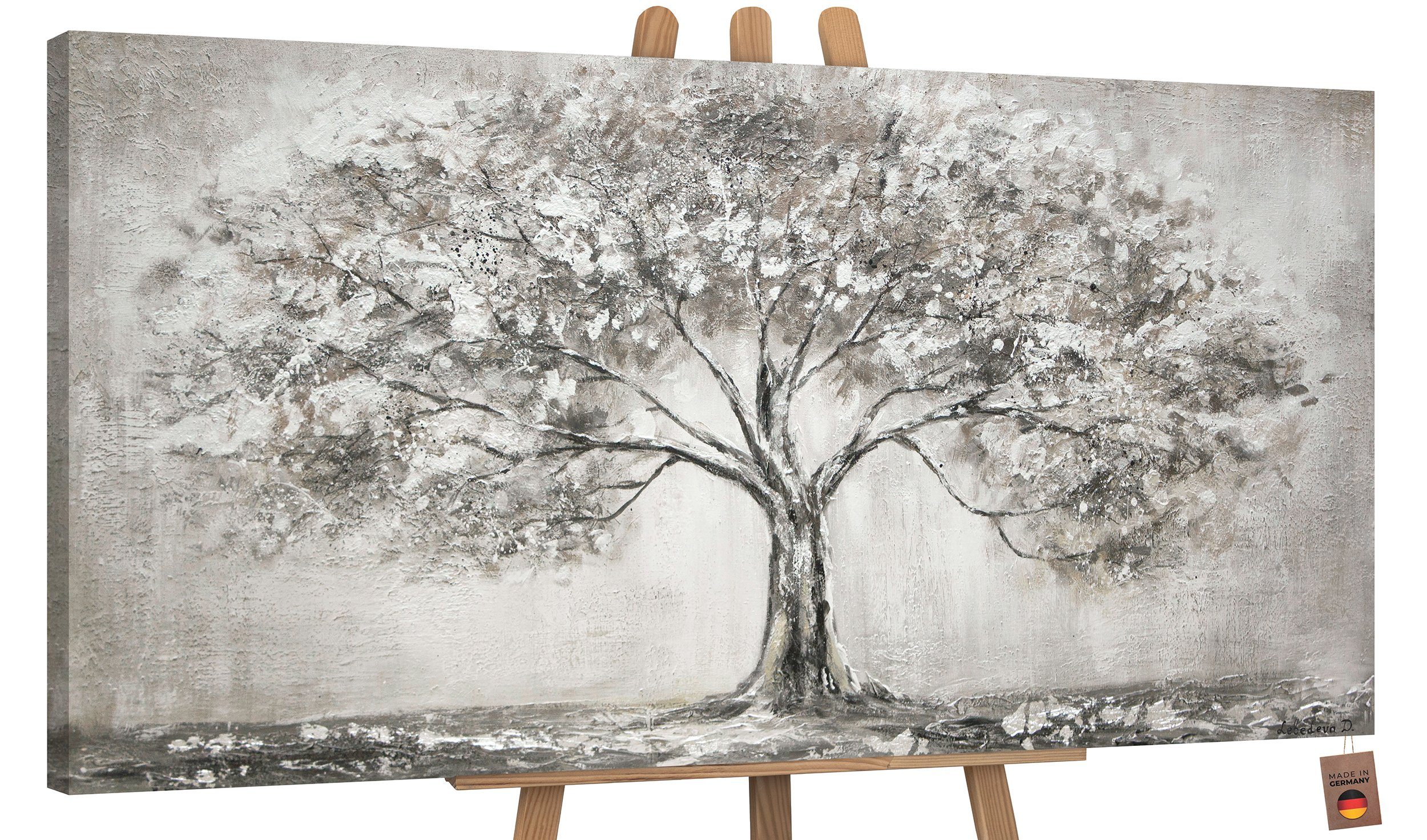 YS-Art Gemälde Lebensbaum, Landschaft, Leinwand Bild Schattenfugenrahmen Lebensbaum Grau Natur Ohne Familie Handgemalt