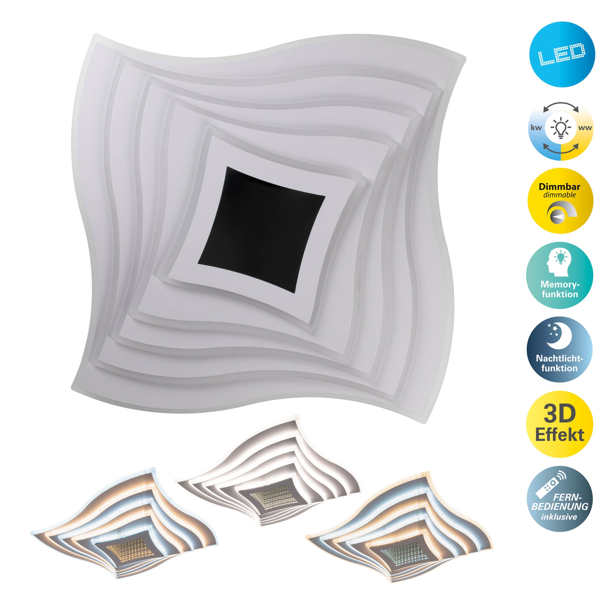 näve LED Deckenleuchte Fevoria, CCT - über Fernbedienung, Dimmer, Dimmfunktion, Memoryfunktion, Nachtlichtfunktion, mehrere Helligkeitsstufen, LED wechselbar, warmweiß - kaltweiß, dimmbar, CCT, Memory, Nachtlicht, Fernbedienung, H: 7 cm / L/B: 50 cm