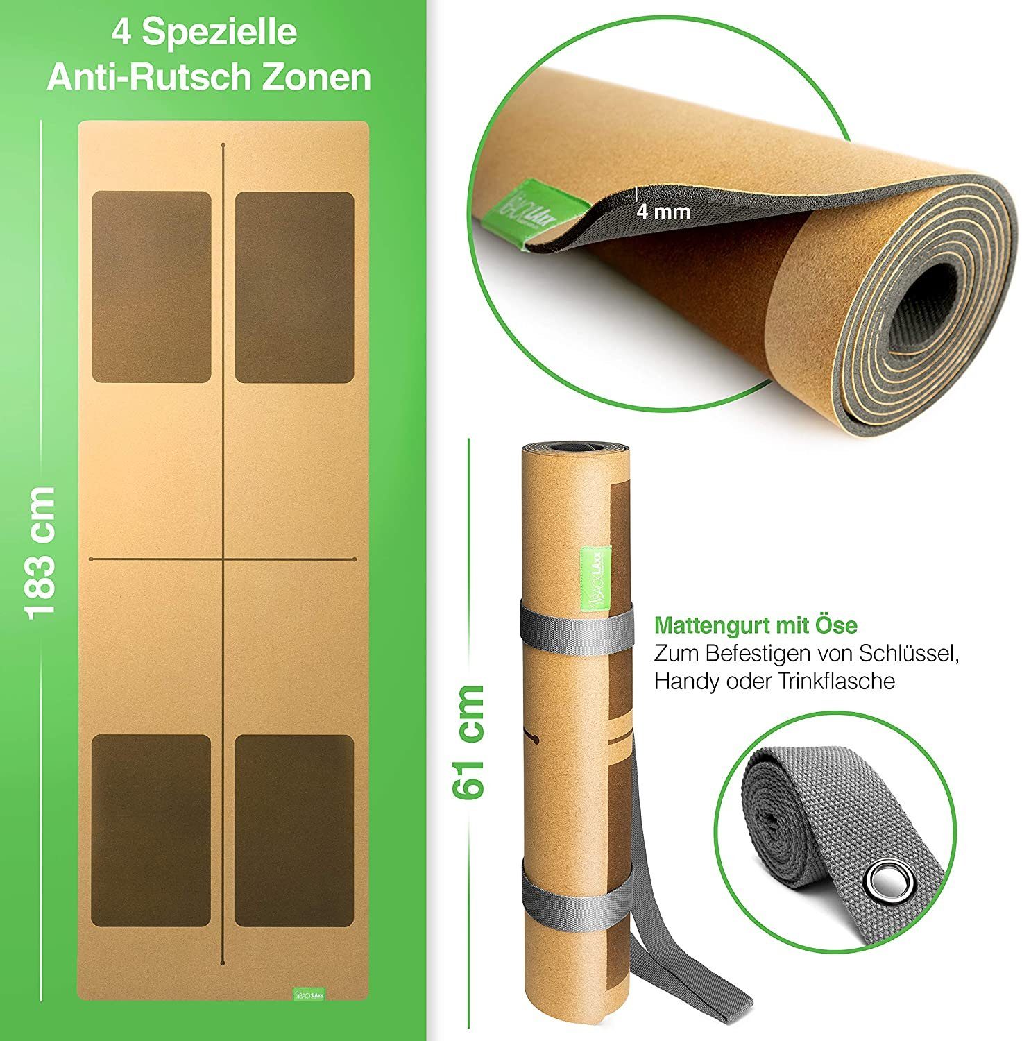 BACKLAxx® Yogamatte aus hochwertigem Kork, Gymnastikmatte 183 x 61 x 0,6 cm (Fitnessmatte aus Kork, inkl. Tragegurt & Videokurs), 4 mm stark, aus natürlichen Rohstoffen, mit Antirutschzonen