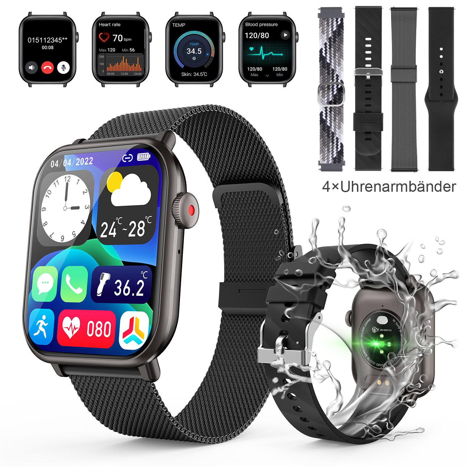 Smartwatch,Fitness Tracker Uhr für Damen Herren mit Telefonfunktion Smartwatch