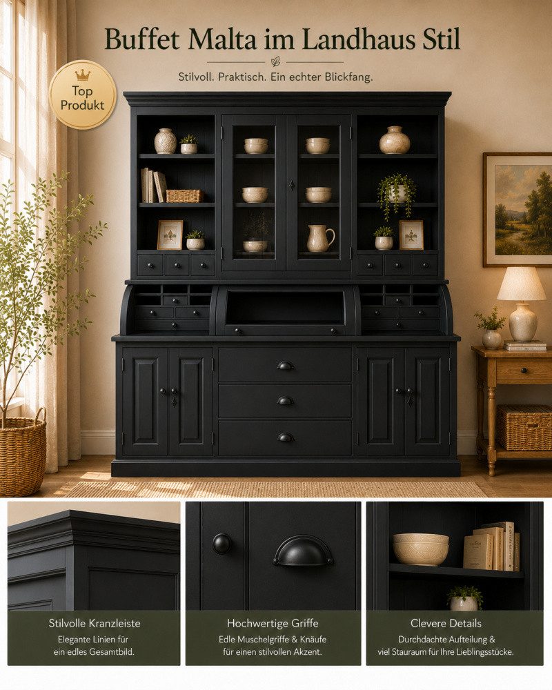 Wohnpalast Buffet Landhaus Buffet Schrank Malta Ladenschrank schwarz 200 cm