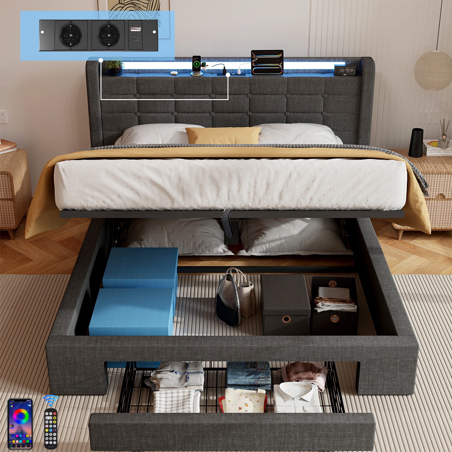 oyajia Polsterbett Stauraumbett Doppelbett mit LED günstig online kaufen