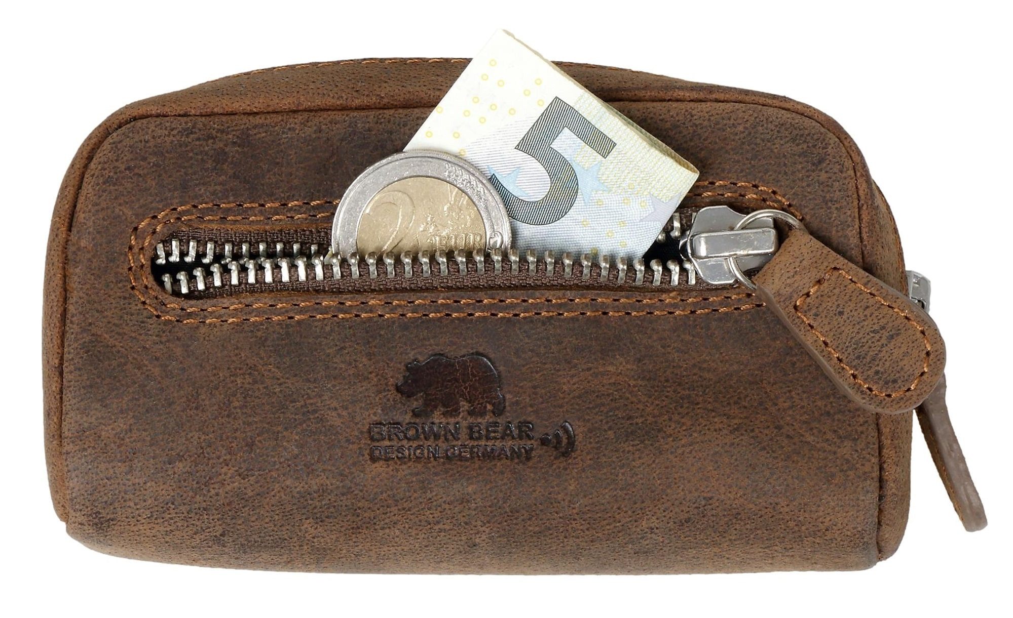 Brown Bear Schlüsseltasche Classic 8017-A zwei Schlüsselringe Unisex Echtleder größerer Korpus, Reißverschlussfach Münzbörse Braun-Vintage