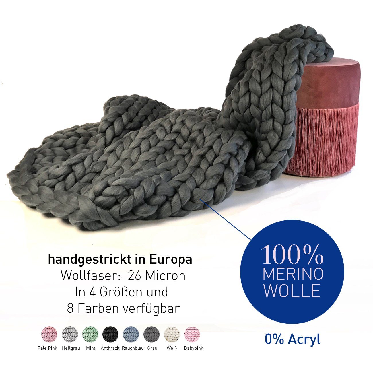 Chunky adorist, grau medium Wolldecke 100x150cm, Tagesdecke, Cosima Knit