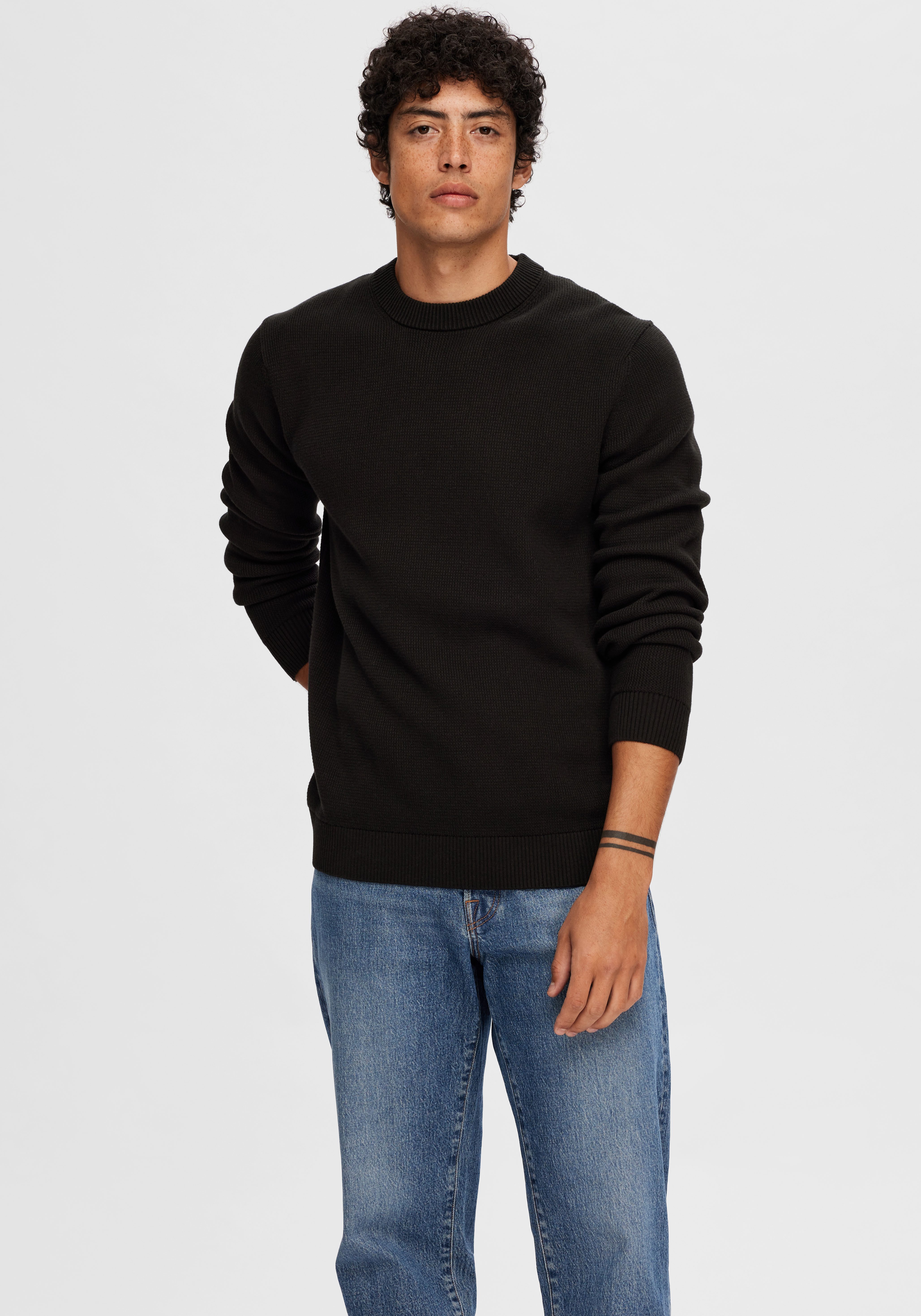 SELECTED HOMME Rundhalspullover SLHDANE LS KNIT STRUCTURE CREW NECK NOOS