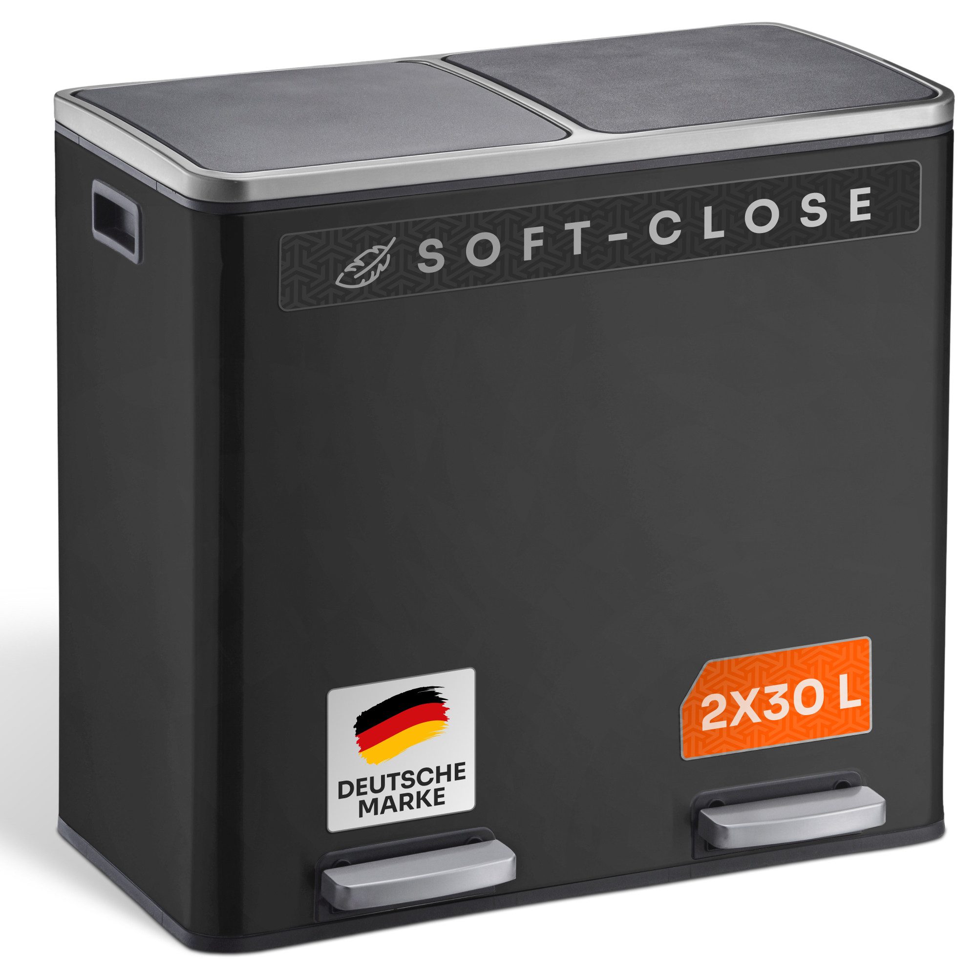 Gardissimo Mülleimer Duo Abfalleimer Treteimer Matty 2 x 30 Liter = 60 Liter matt schwarz, mit Soft-Close Deckel und zwei herausnehmbaren Inneneimern
