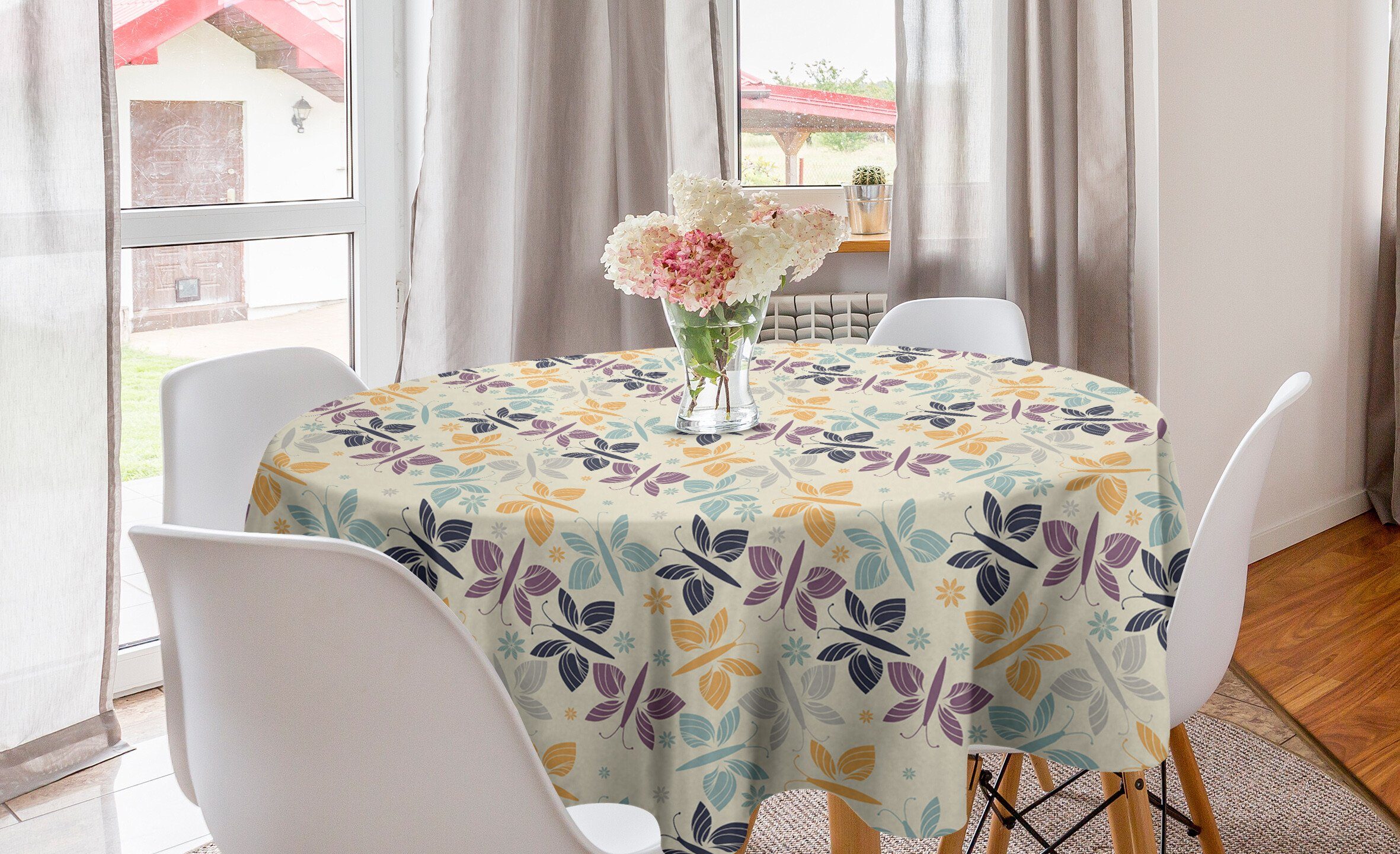 Abakuhaus Tischdecke Kreis Tischdecke Abdeckung für Esszimmer Küche Dekoration, Schmetterling Abstrakt Frühling