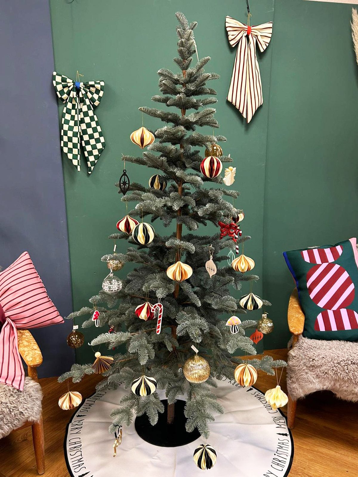 coopz Weihnachtsbaumschleife Schleife Canvas creme/grün im Karomuster