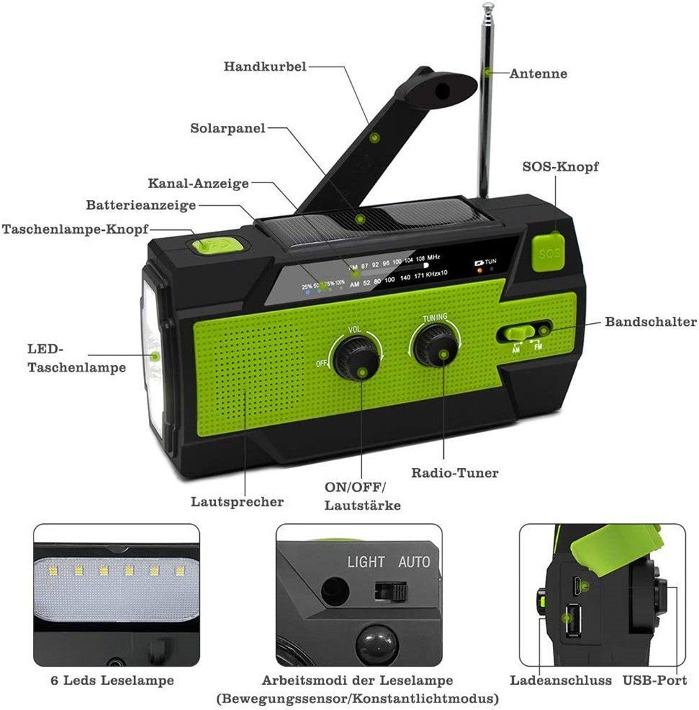 autolock Solar USB Camping Notfall) Blau Kurbelradio Batterie Radio,AM/FM (DAB) 4000mAh und (Digitalradio Tragbar Taschenlampe Mit für für Notfallradio 4 Modi Digitalradio LED (DAB), SOS-Alarm