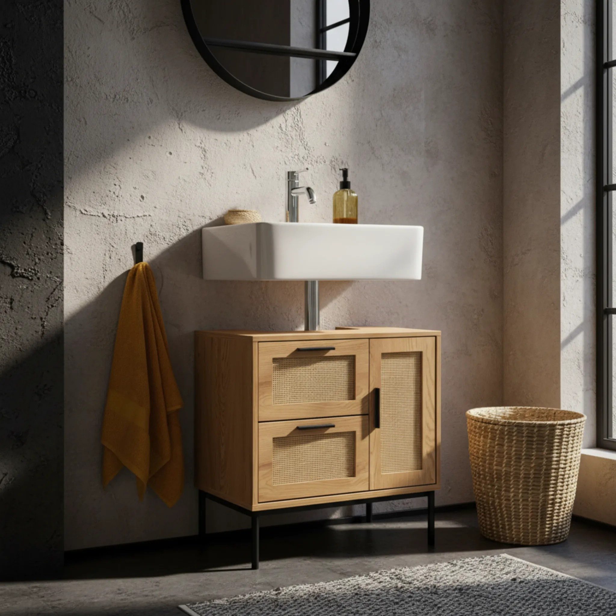 KADIMA DESIGN Waschbeckenunterschrank Waschbeckenunterschrank Eiche-Optik 60x60x40 cm mit Tür und (Stehend, Badschrank Midischrank Klein Waschtisch) Schubladen, – Bild 5 von 5