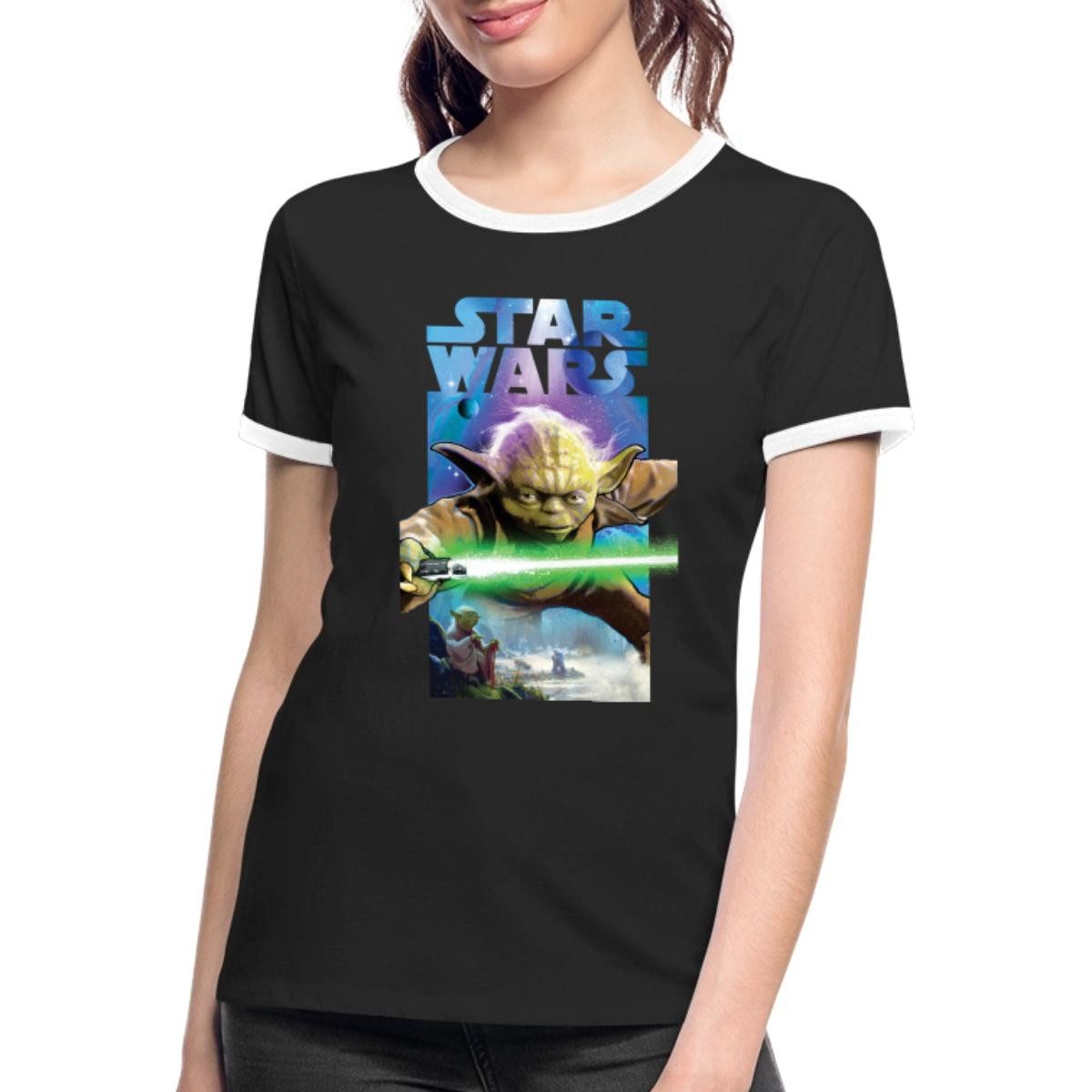 T-Shirt Star Wars Meister Yoda Und Grünes Lichtschwert Frauen Kontrast T-Shirt