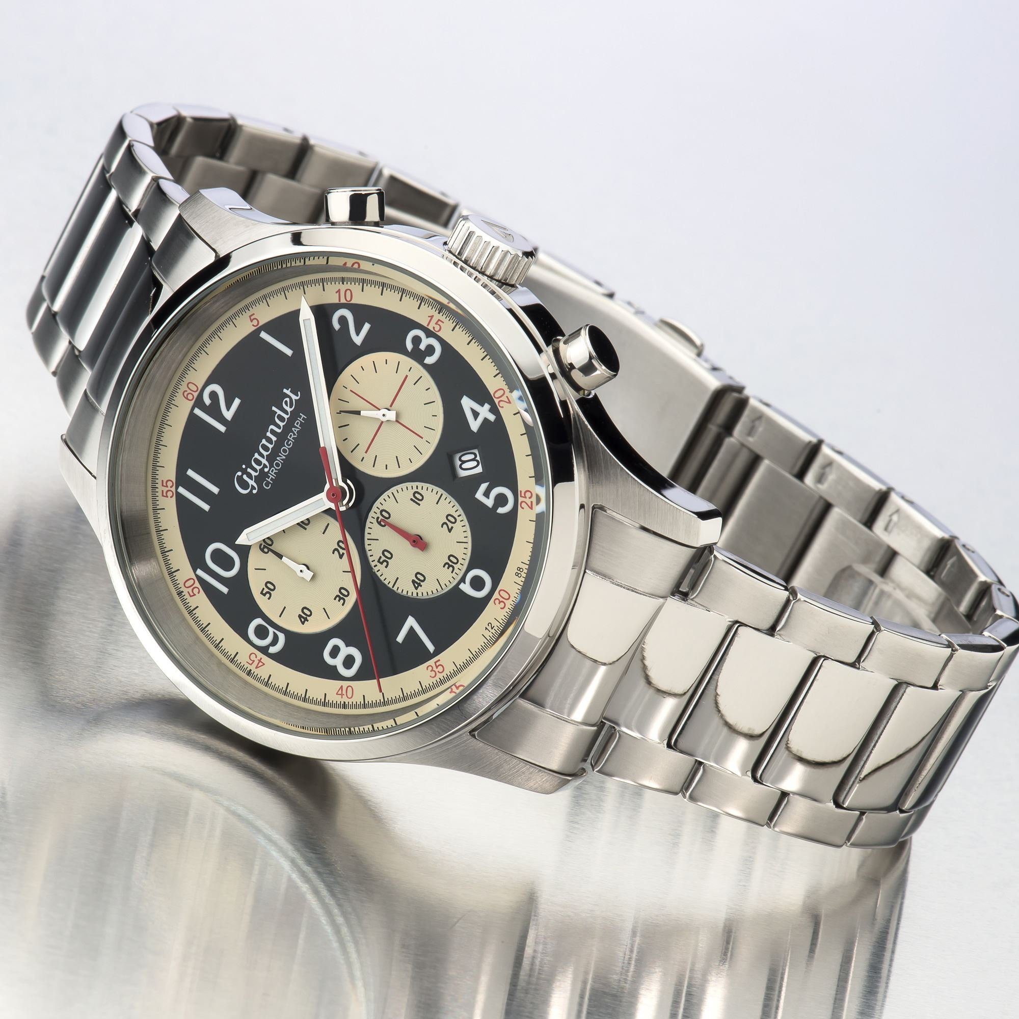 Gigandet Chronograph Armbanduhr, Herrenuhr, Sportuhr, 44mm, EFFICIENCY G50-005, Mineralglas, Datumsanzeige, Edelstahlband, 5bar/50m wasserdicht