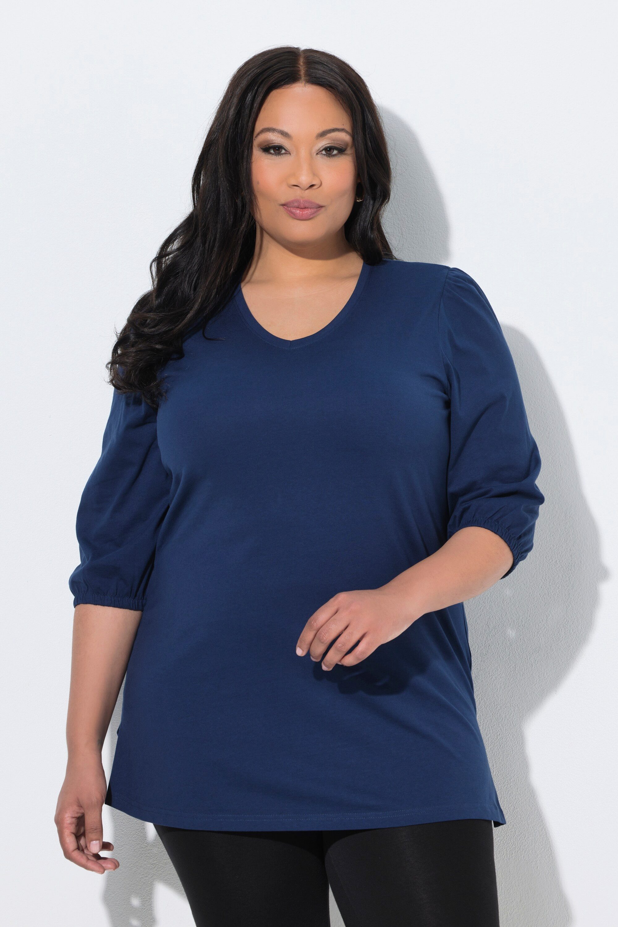Ulla Popken Longshirt Longshirt Puffärmel V-Ausschnitt 3/4-Arm