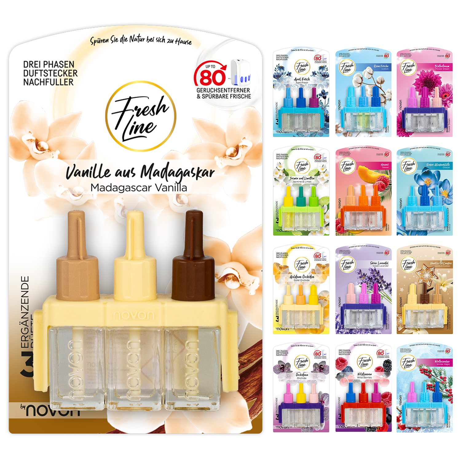 Fresh Line Raumduft Nachfüllflakons, 3 x 7 ml – Für elektrische Duftstecker, Geeignet für elektrische Duftstecker – für Wohnräume und Büro