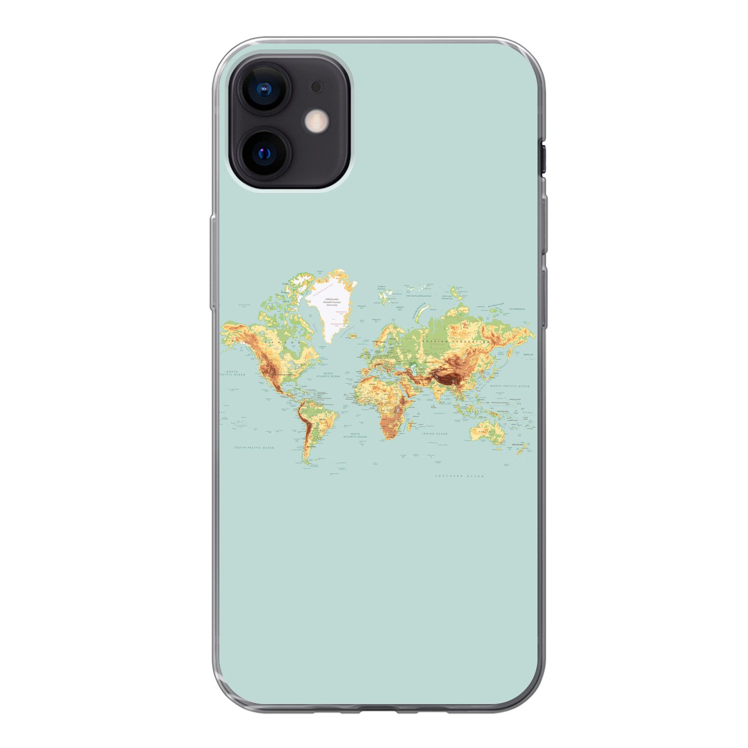 MuchoWow Handyhülle für Apple iPhone 12 Mini Weltkarte - Realistisch - Blau, Smartphone-Bumper, Print, Handy Schutzhülle Dünn