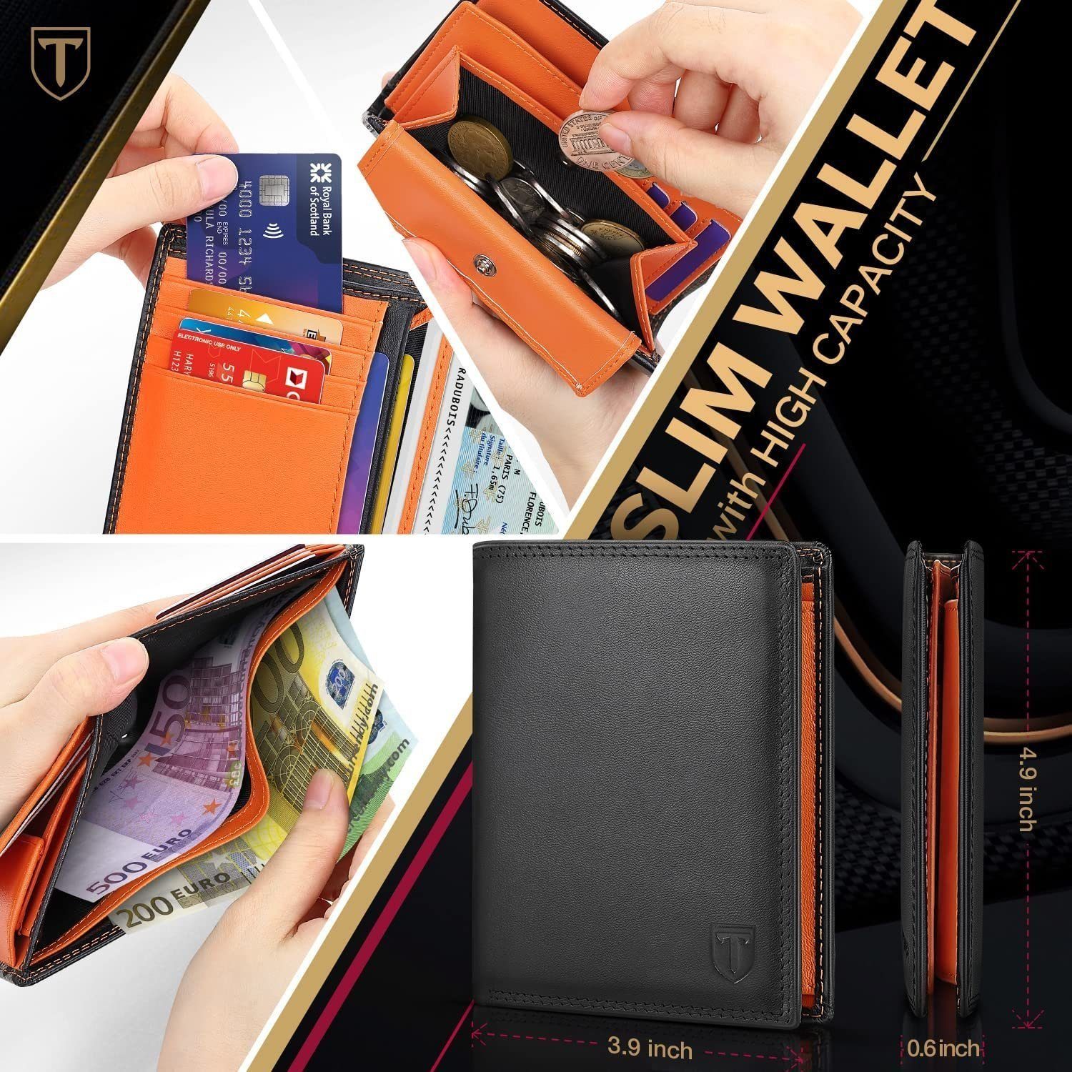 Leder-Geldbörse Schwarz echtem Brieftasche (Geschenkbox), TEEHON RFID-geschützte aus Brieftasche für Geldbörse Männer Leder Orange