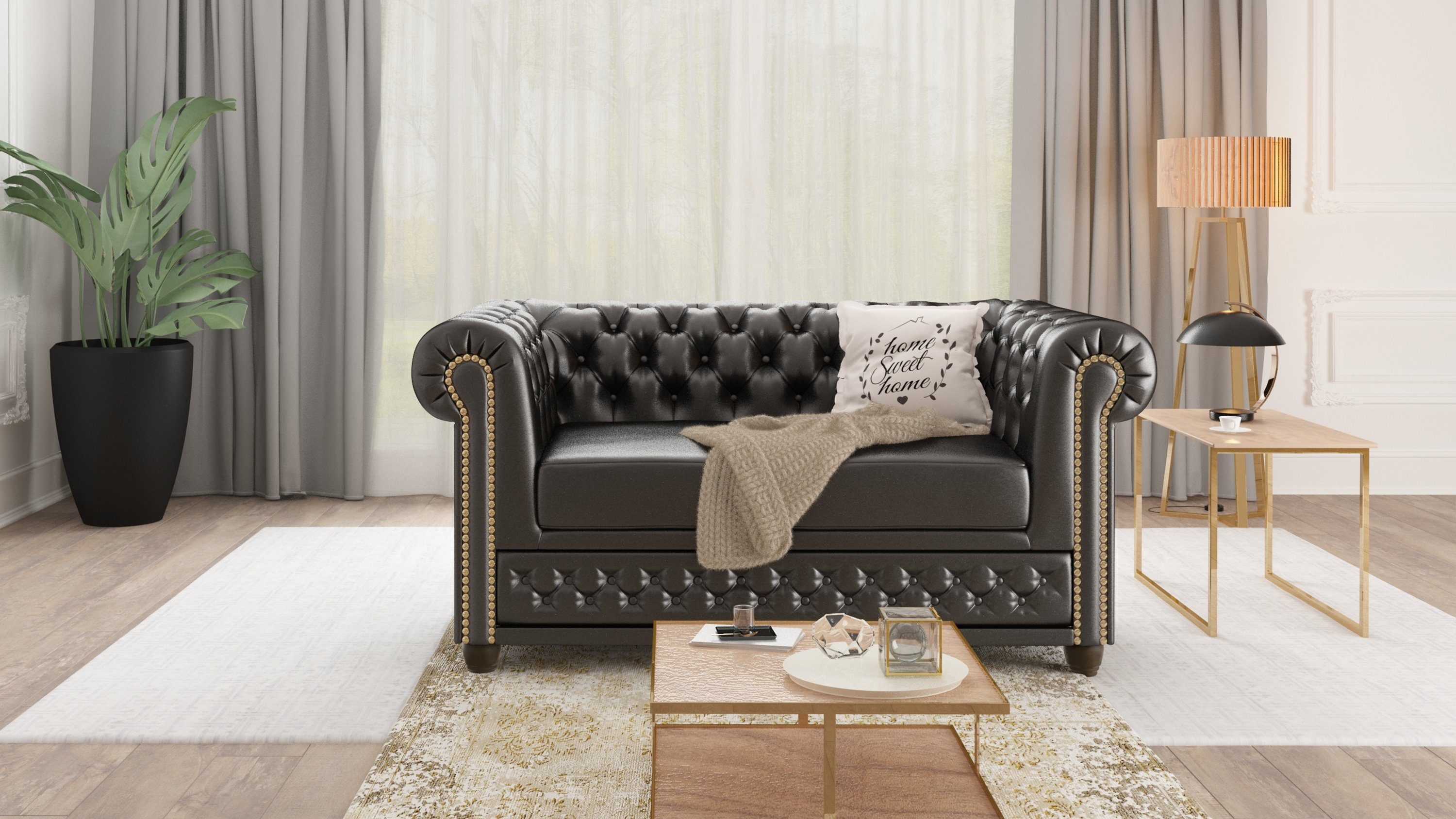 Wellenfederung Chesterfield Sofa, S-Style mit Schwarz Jeff Möbel 2-Sitzer