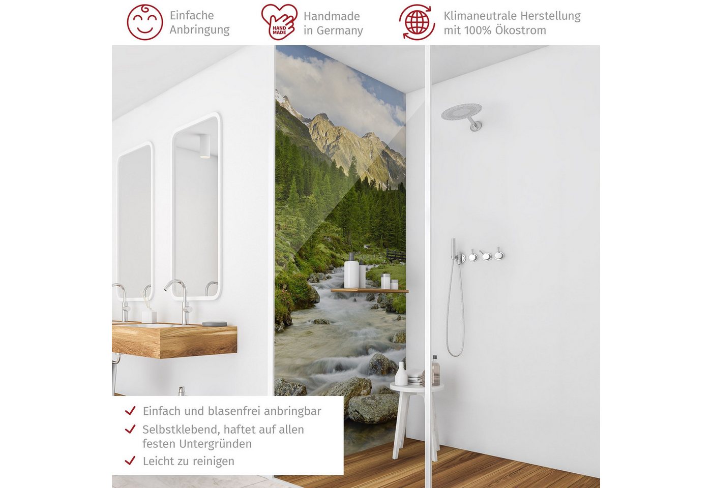 Thumbnail - Bilderdepot24 Badrückwand Fliesen Wald grün Duschrückwand ohne Bohren Dusche Natur, (1-tlg., Hart-Folie Premium matt 0,6...