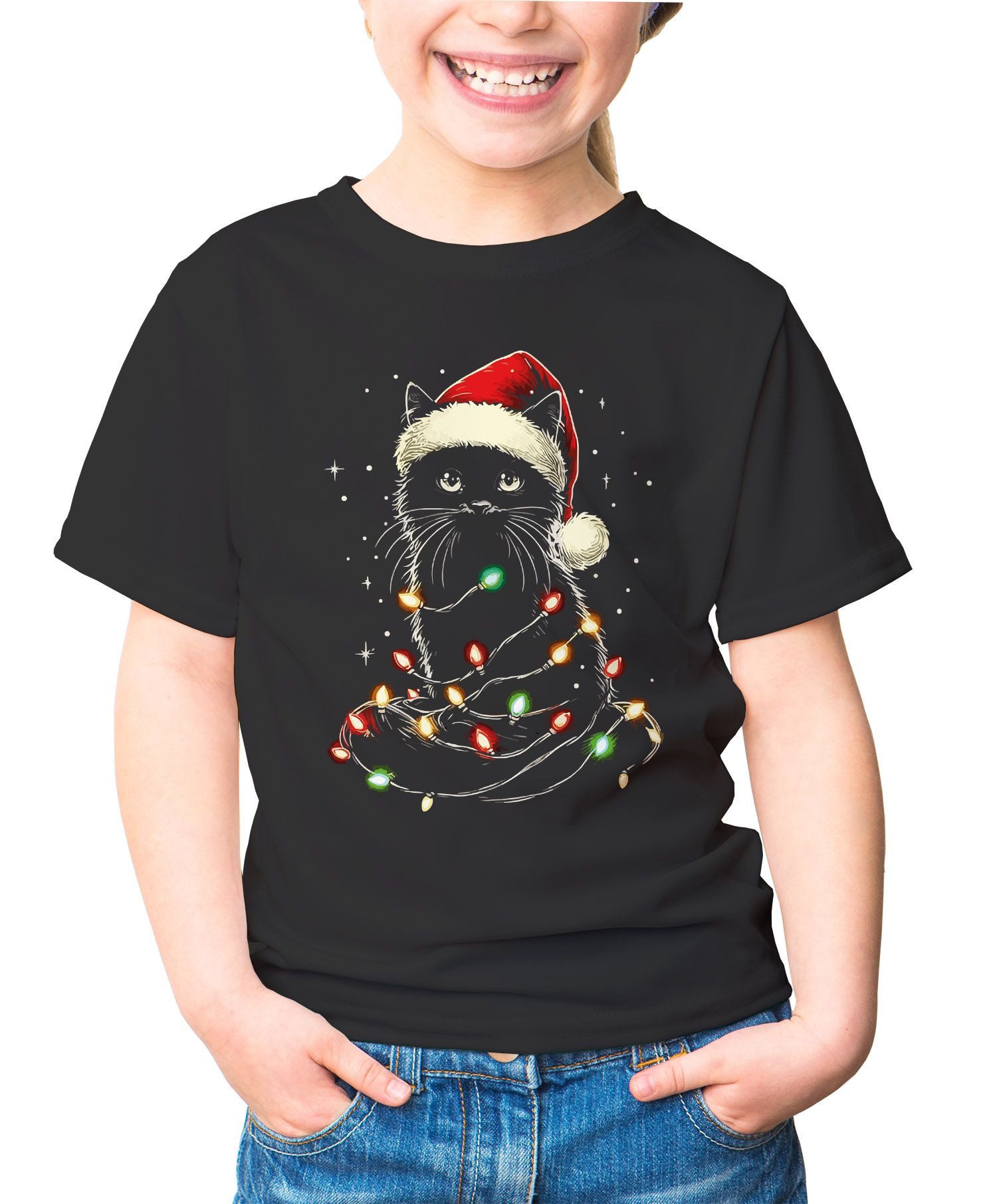 Print-Shirt Kinder T-Shirt Weihnachten Katze mit Weihnachtsmütze Lustig