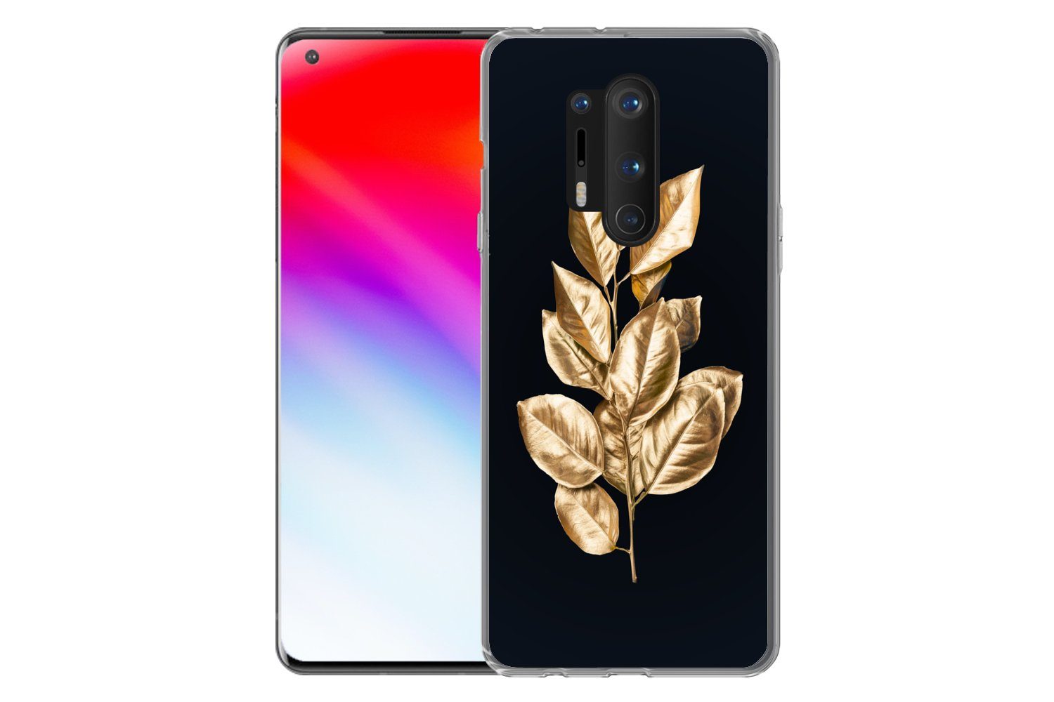 MuchoWow Handyhülle für OnePlus 8 Pro Pflanze - Blätter - Gold - Schwarz - Luxus, Phone Case, Silikon, Schutzhülle Dünn