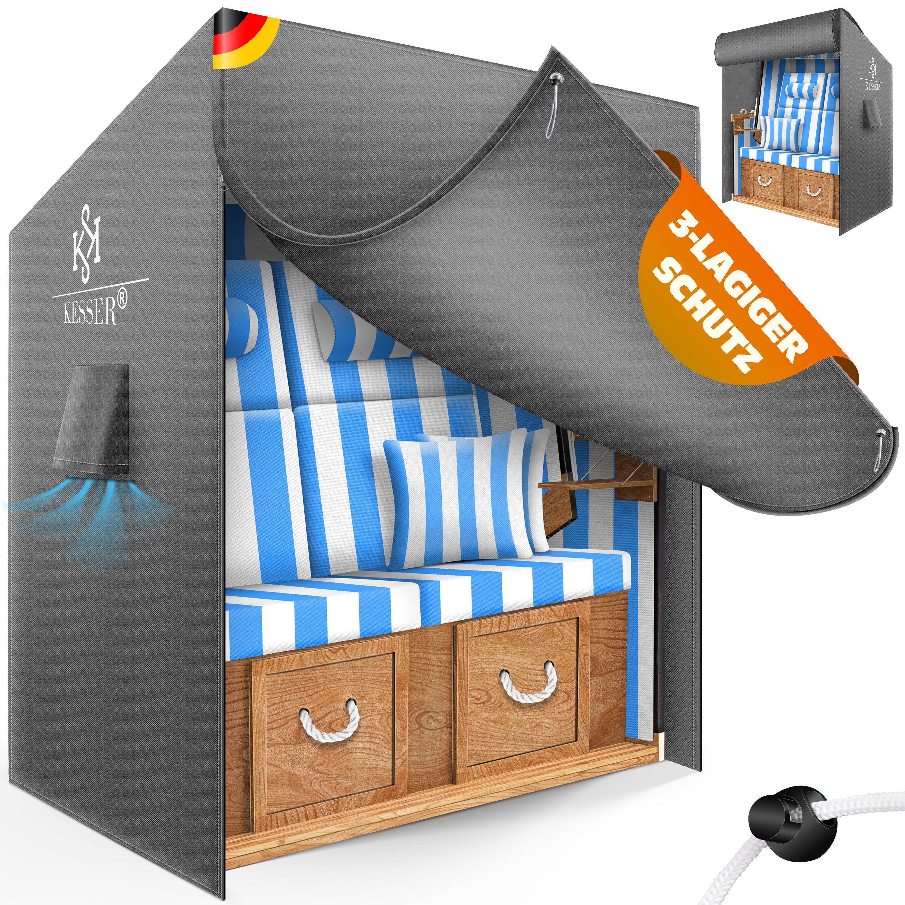 KESSER Strandkorb-Schutzhülle Premium Abdeckung 600D Oxford Gewebe (Strandkorbabdeckung mit Belüftungsöffnungen 160x120x90 cm), UV-Beständige Strandkorbhülle Reißfest, Winterfest & Wasserdicht