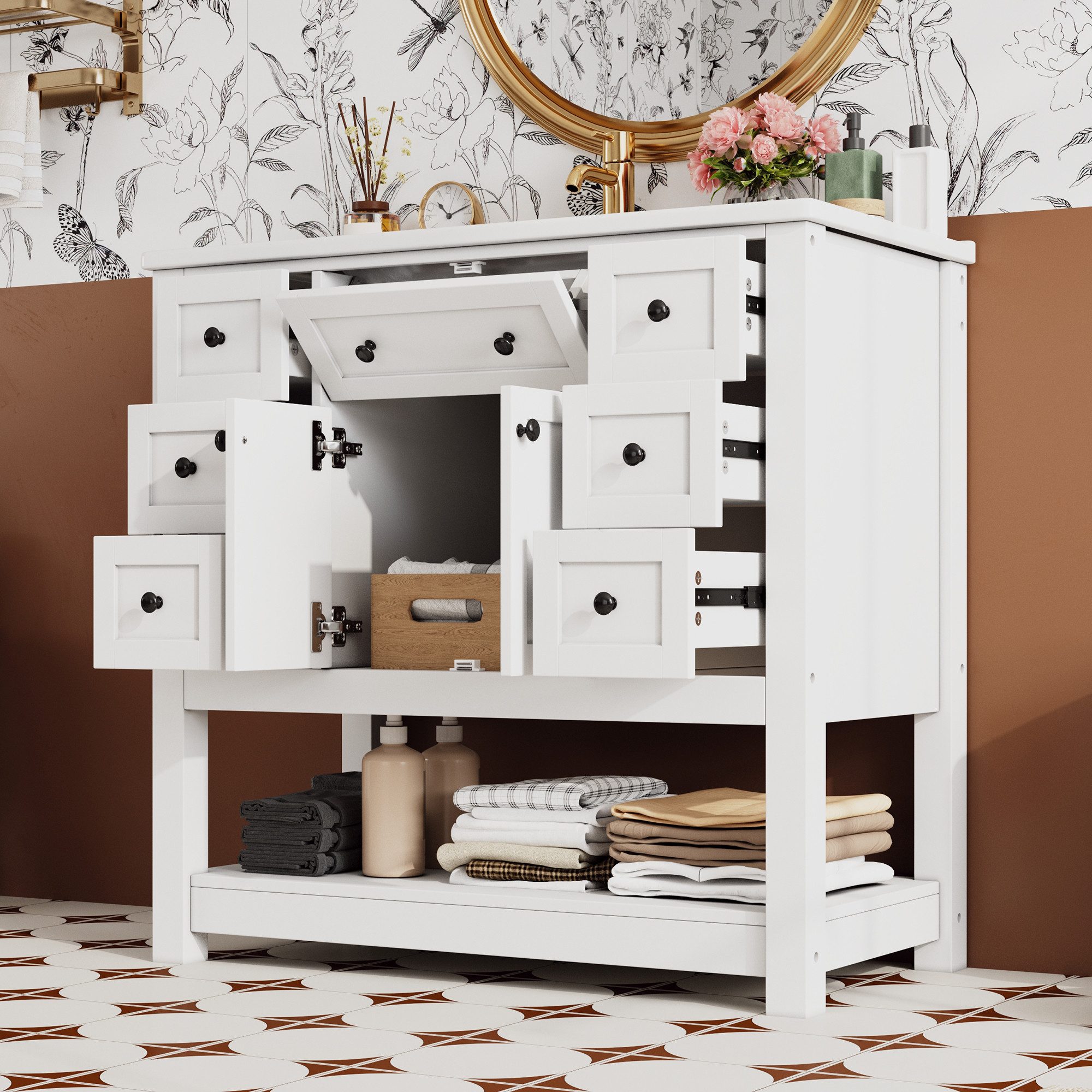 HAUSS SPOLE Waschbeckenunterschrank mit 6 Schubladen und Keramikwaschbecken,Waschtisch mit Griffe,Weiß (Badezimmerwaschbeckenunterschrank mit Soft-Close-Schubladenführung) Badezimmerwaschtisch Badmöbel mit MDF-Korpus und Massivholzbeinen