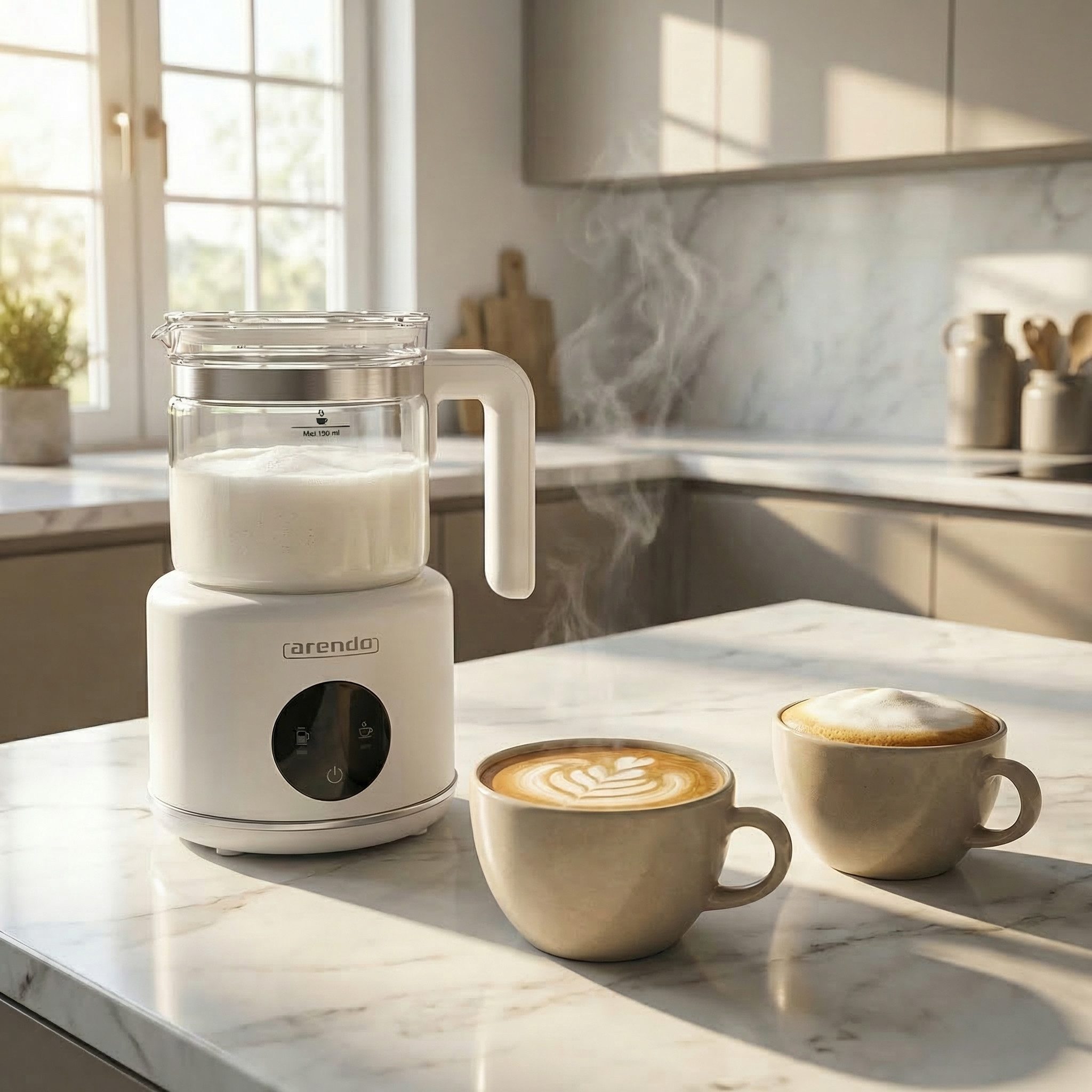 Arendo Milchaufschäumer mit 500 ml Glas Behälter, elektrisch, für heißen & kalten Milchschaum, 600 W, 2 Einsätze, für Cappuccino Latte Macchiato heiße Schokolade uvm.