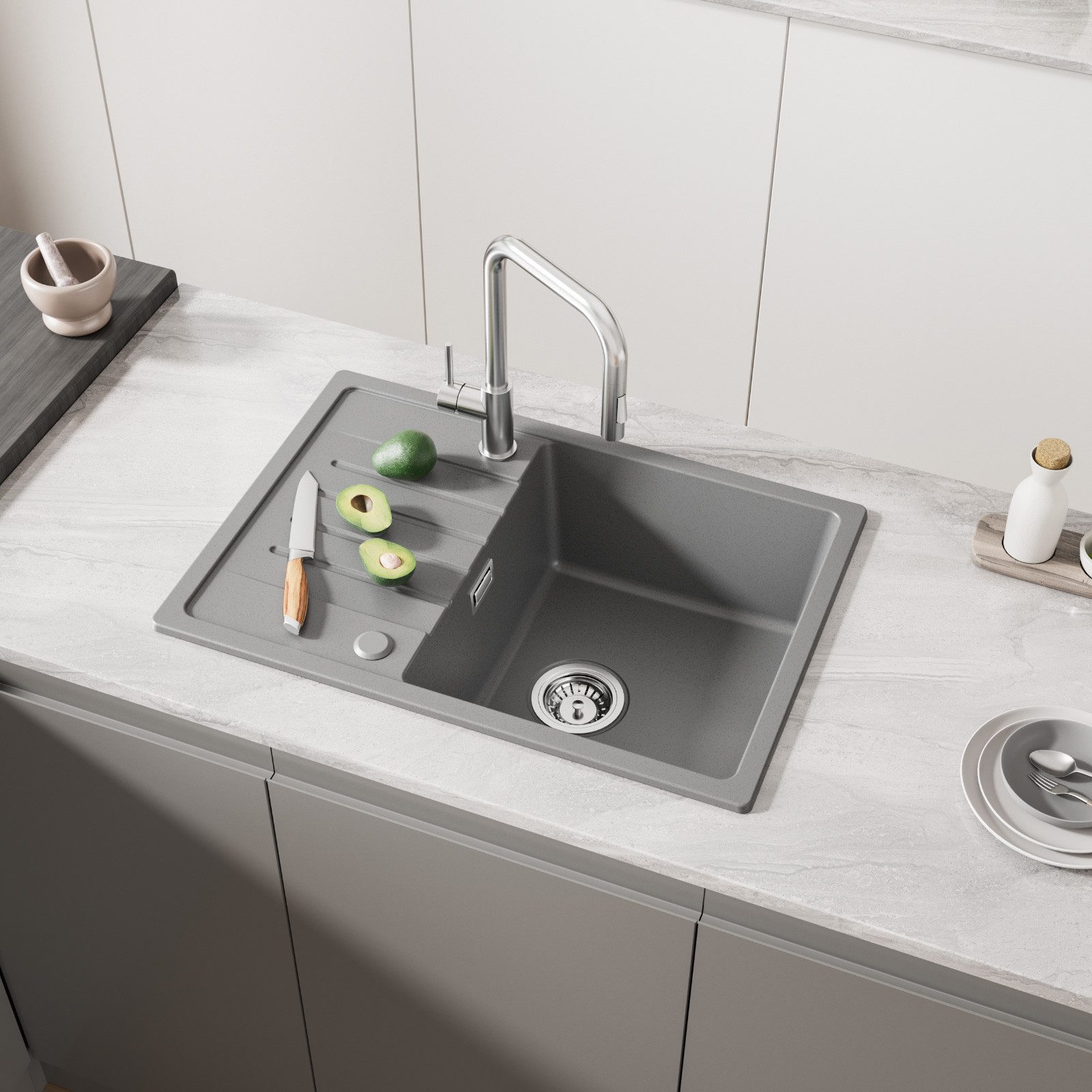 Thumbnail - CECIPA MAX Granitspüle Küchenspüle Granit Spülbecken 65*45cm, Rechteck, 65/20.5 cm, Material: Granit Vorgebohrt für eine...