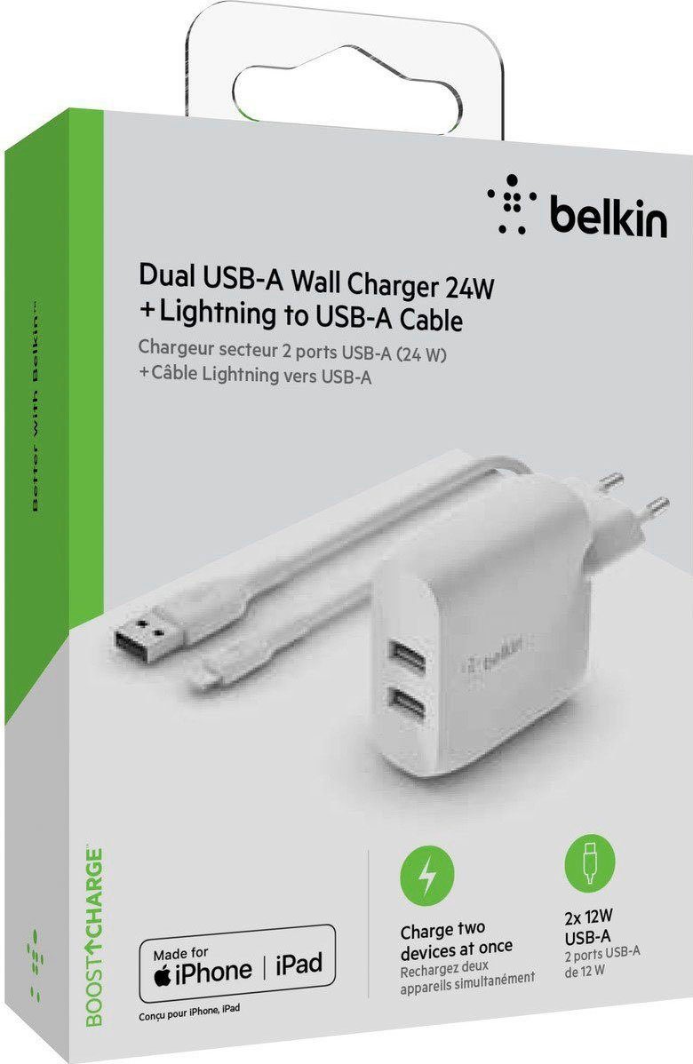 Belkin Dual USB-A Ladegerät incl. Lightning Kabel 1m Schnelllade-Gerät