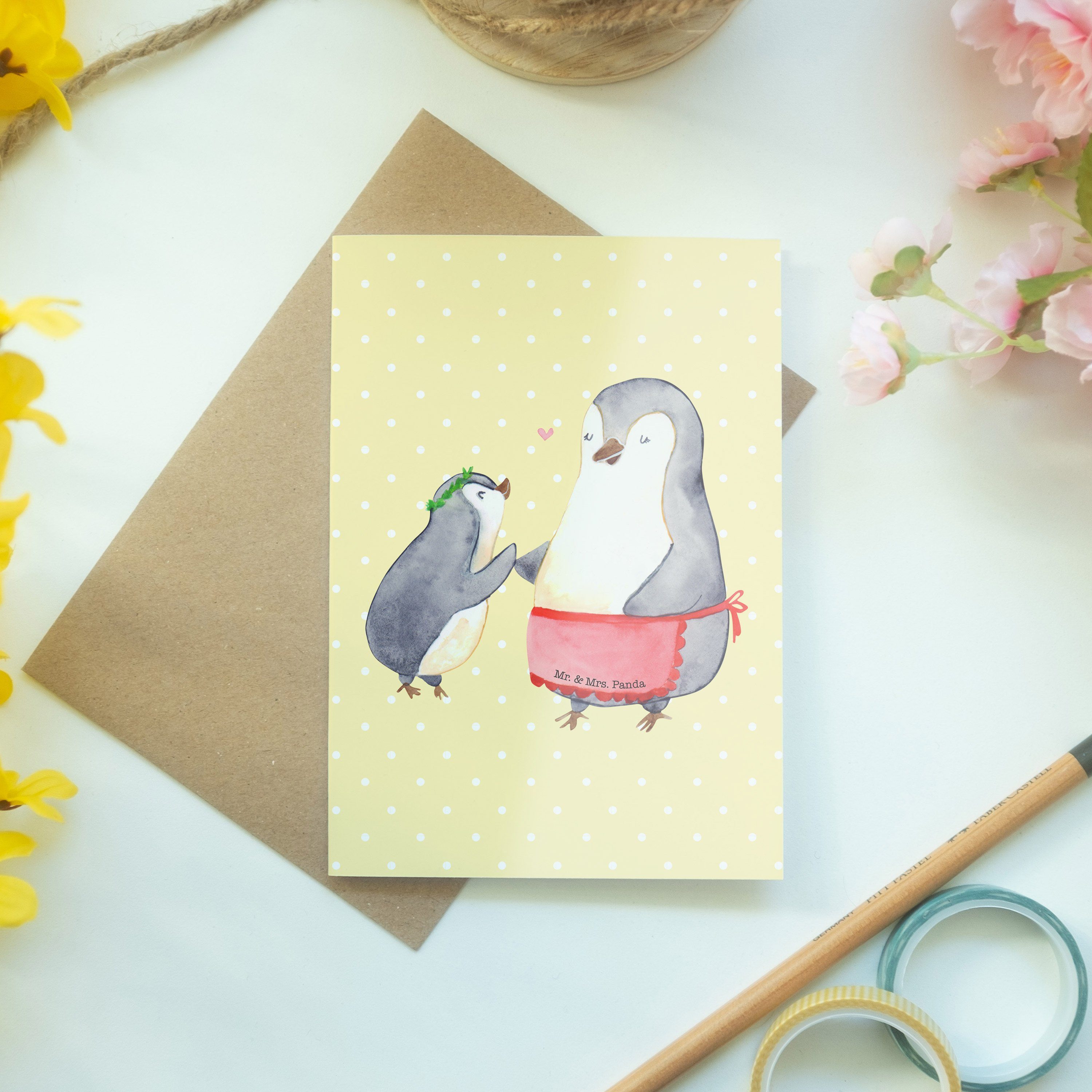 Mr. & Mrs. Panda Pastell Mama, Kind mit Gelb Geschenk, - - Einl Grußkarte Danke Pinguin Familie