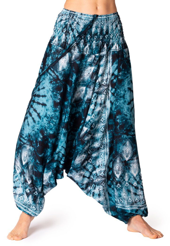 PANASIAM Haremshose Aladinhose Batik Optik Haremshose aus 100% natürlicher Viskose farbenfrohe Freizeithose bequeme Sommerhose Pumphose Pluderhose