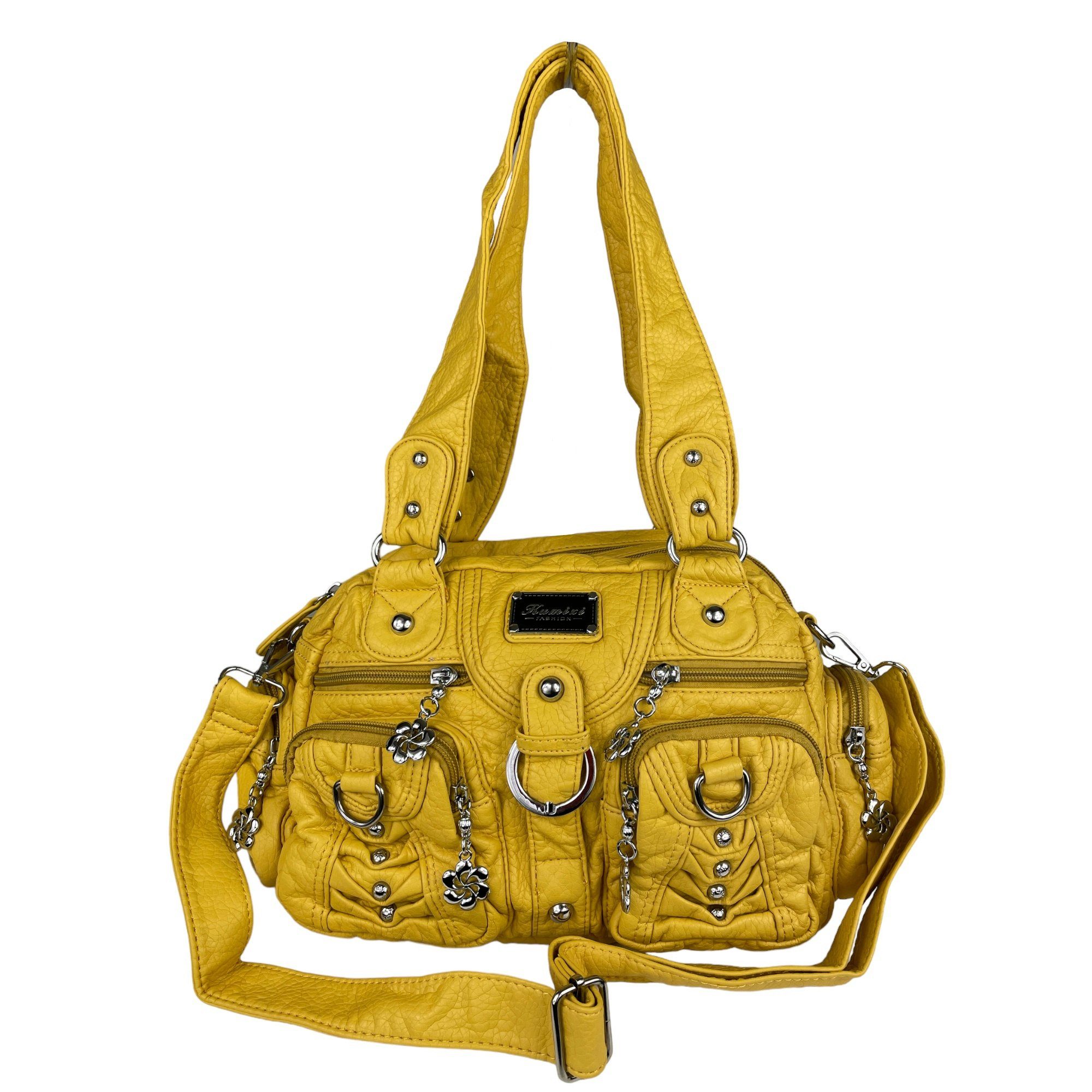 Taschen4life Schultertasche verstellbarer Handtasche Damen klassische Nieten Fächer, honiggelb abnehmbarer AKW22032, viele mit (Schultertasche) Schulterriemen