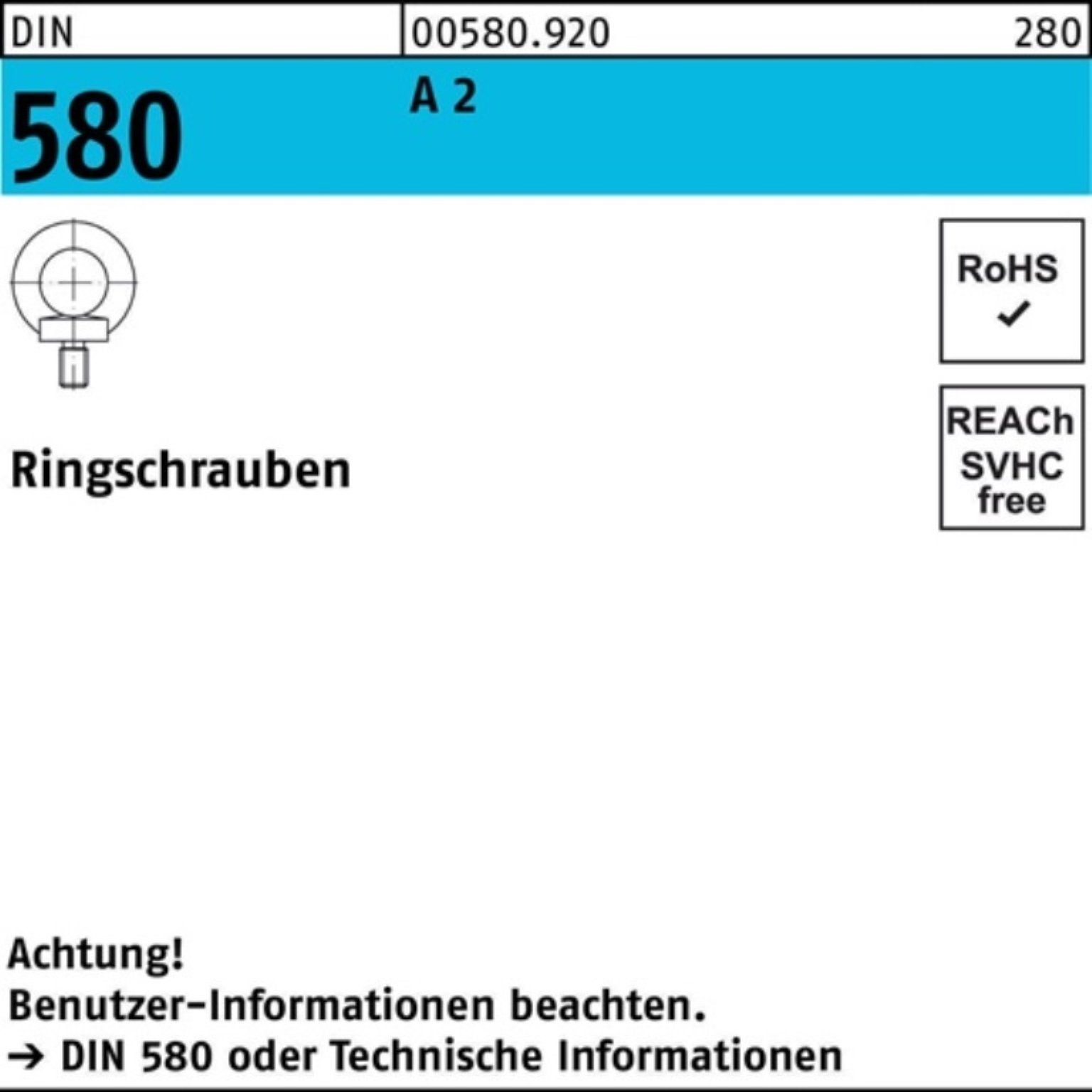 Reyher Schraube Stück Ringschra M30 Ringschraube A 2 1 2 DIN DIN 580 Pack A 100er 580