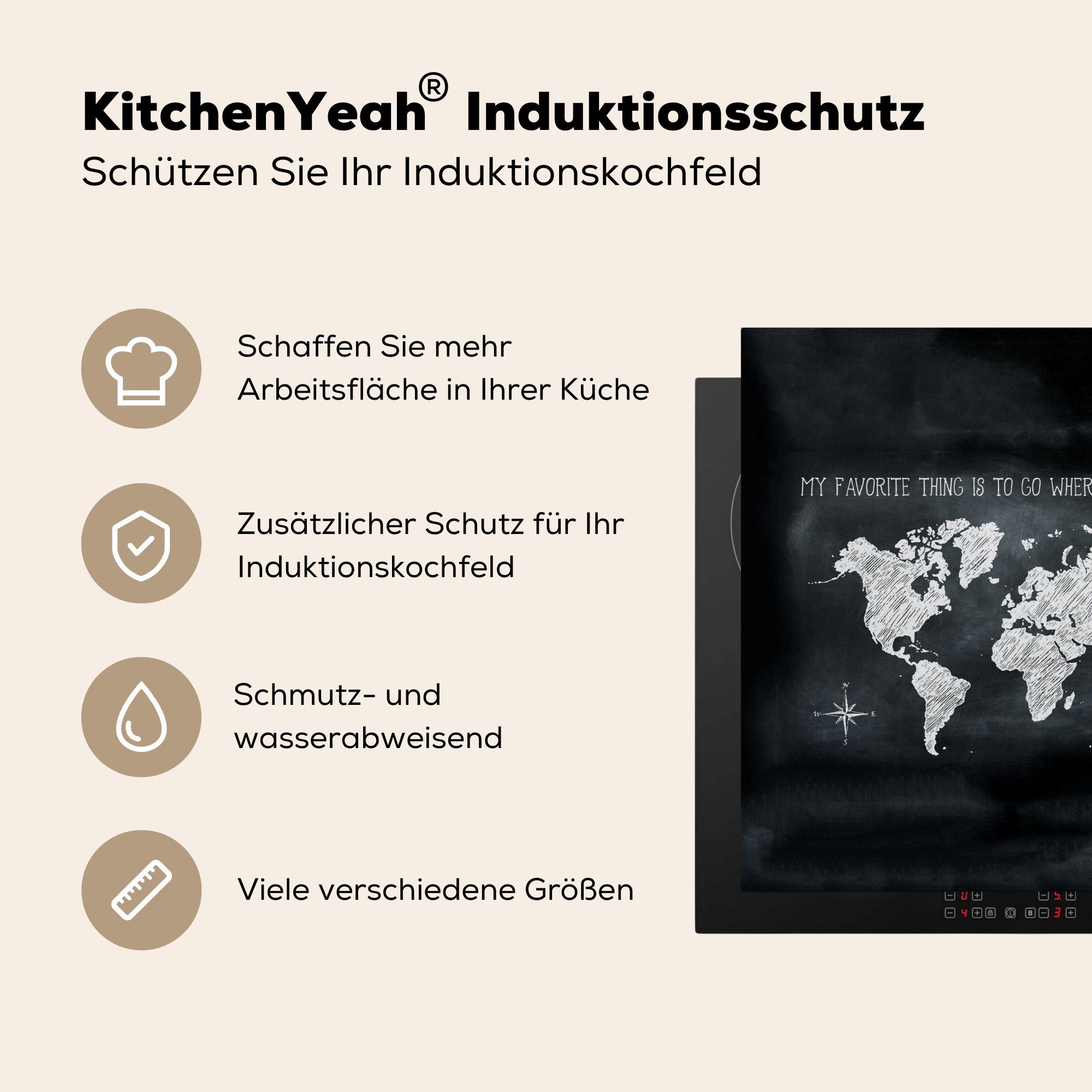 Weltkarte küche Kreidetafel Ceranfeldabdeckung, Vinyl, 78x78 für Herdblende-/Abdeckplatte - Arbeitsplatte cm, Kompass, (1 - MuchoWow tlg),