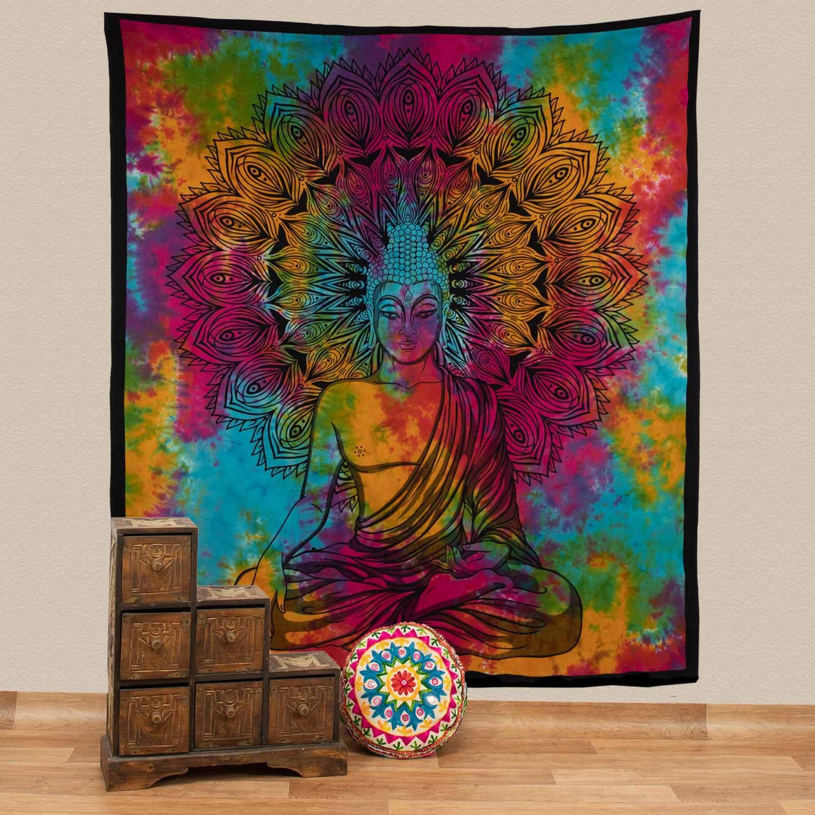 KUNST UND MAGIE Wandteppich AUM Tagesdecke Wandbehang Bunt Tuch Buddha Meditation ca. 200 x 230cm
