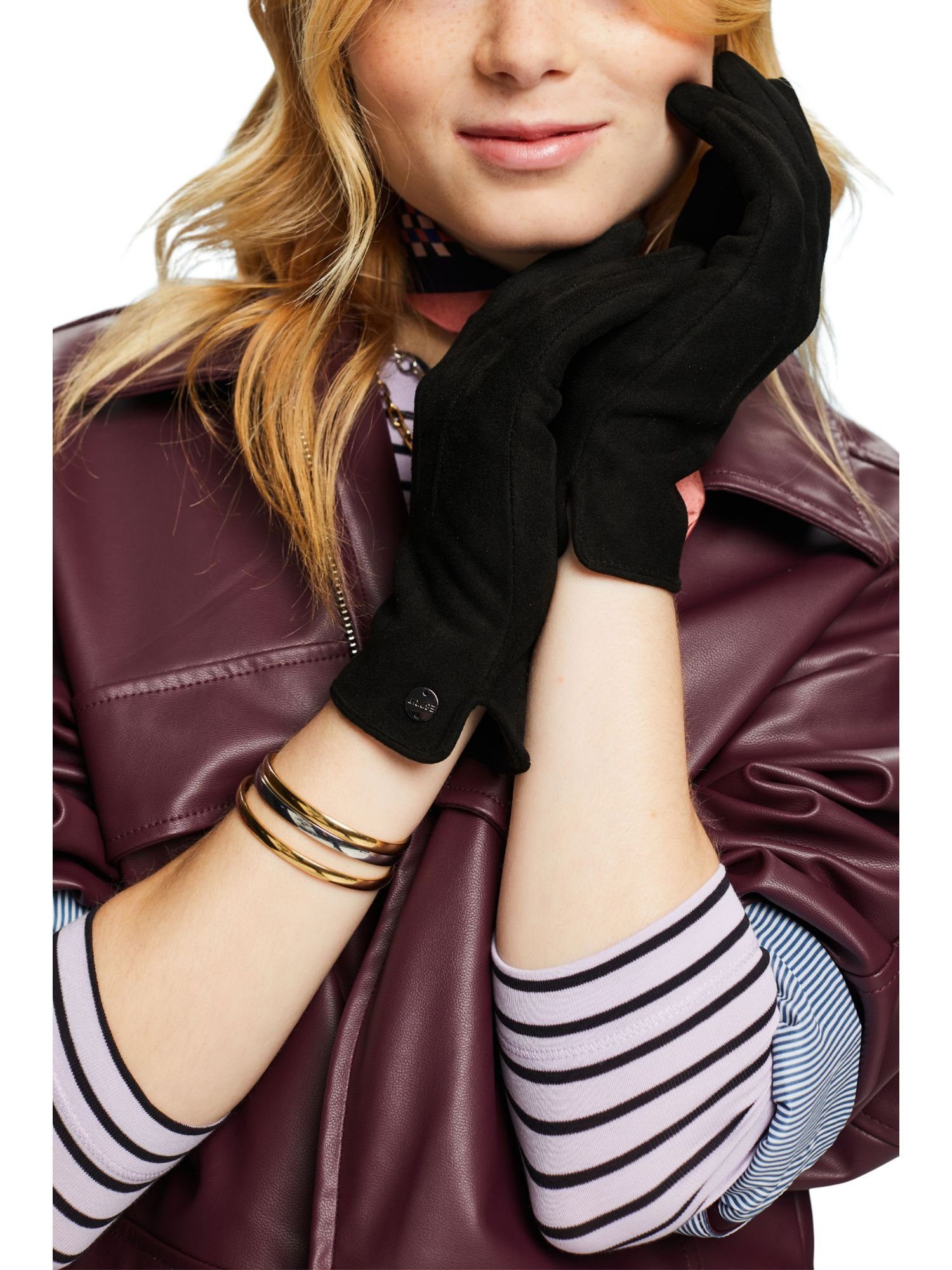 BLACK Strickhandschuhe Touchscreen-Funktion Rauleder-Handschuhe mit Esprit