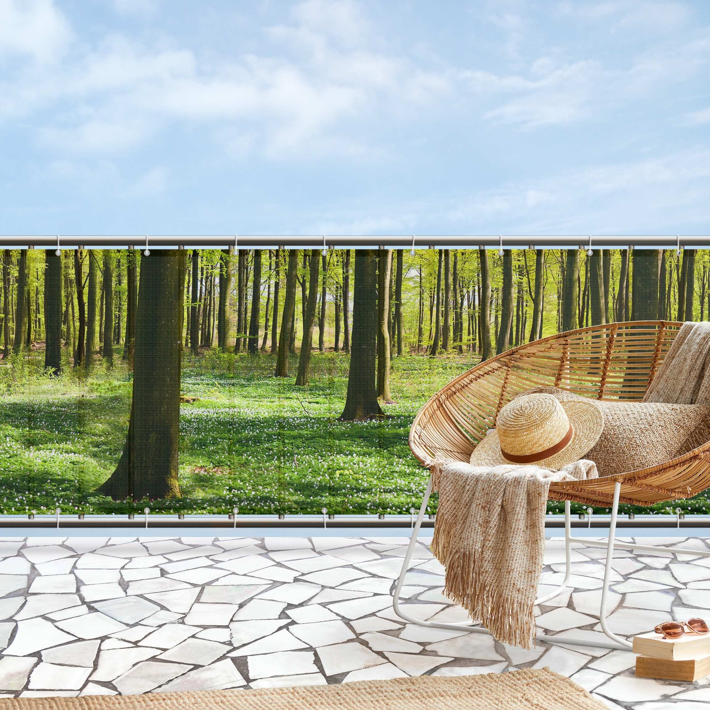 Bilderdepot24 Balkonsichtschutz Sichtschutz Balkon Wald Waldwiese Balkonbespannung (1m bis 10m fein gelochter Sichtschutz aus Mesh für Geländern & Zäunen, Fertig geöst, inkl. Kabelbindern zur Anbringung) Sichtschutz Terrasse Balkontuch Balkonverkleidung Windschutz Terrasse