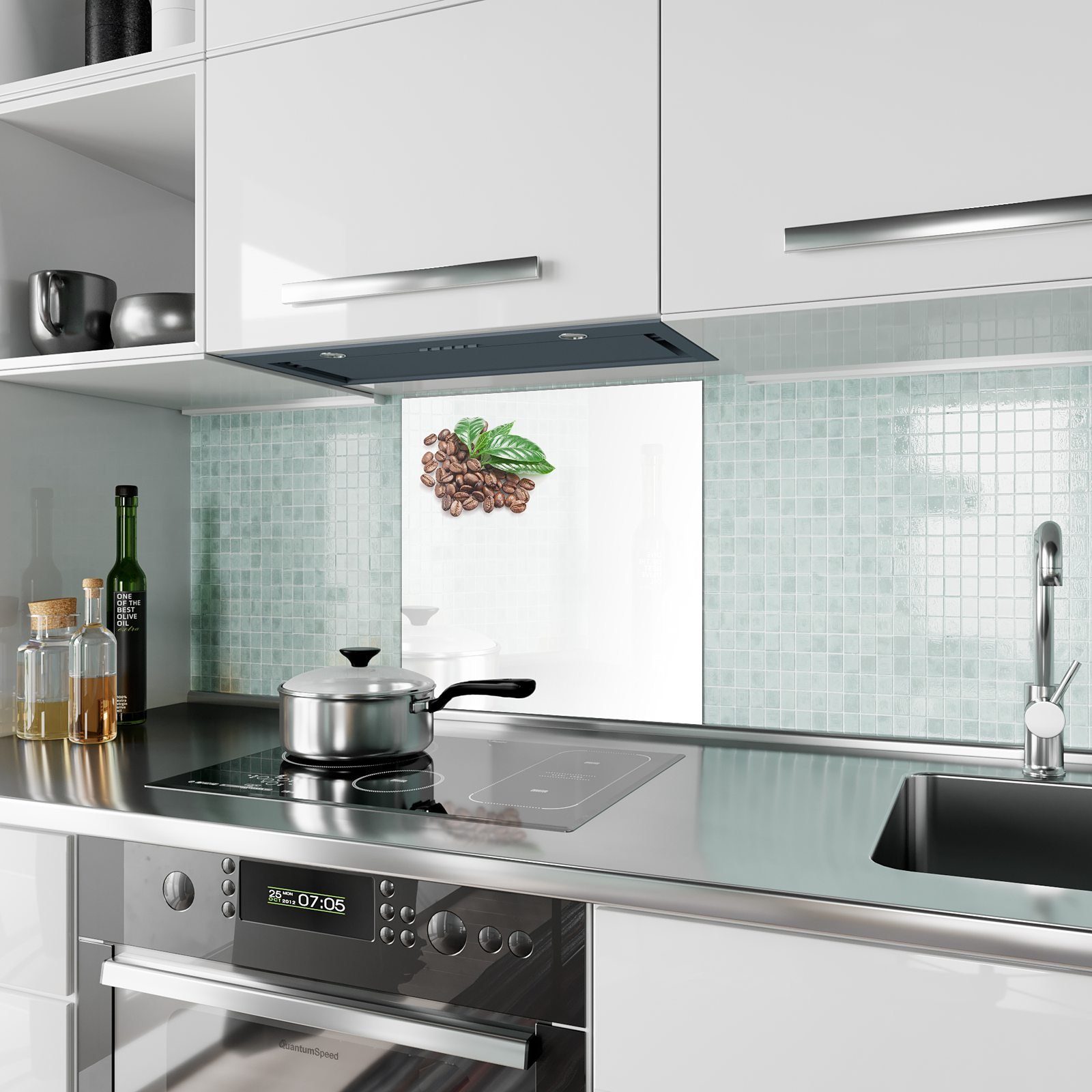 Primedeco Küchenrückwand Küchenrückwand Spritzschutz Glas Motiv und mit Kaffeebohnen Blätter